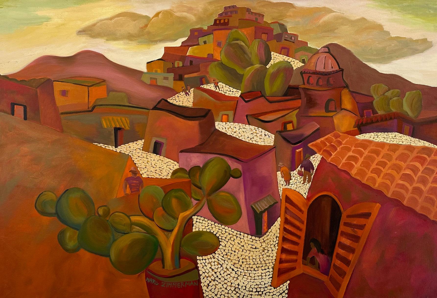 Large Mexican abstract village framed in with arches. Colors are an array of soft pastels and Magenta the village undulates in a gentle soothing rhythm.

Mexican Village With Arch - Landscape Painting - Abstract Geometric by Marc Zimmerman

This