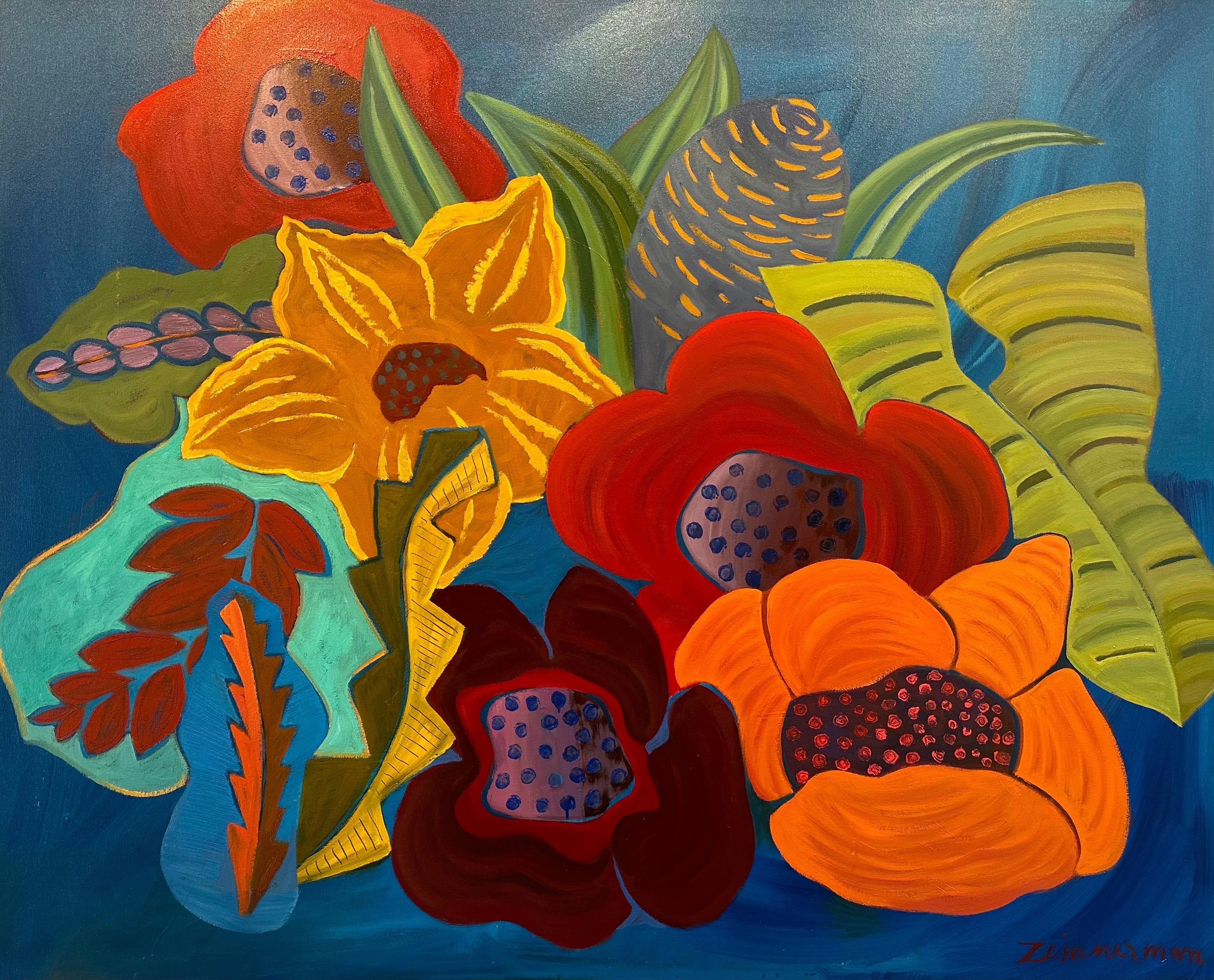 This masterpiece is exhibited in the Zimmerman Gallery, Carmel CA.

Marc Zimmerman creates playful paintings, whether deep mysterious jungle or delightfully whimsical florals. His color palette explores various harmonies yet always surprises with