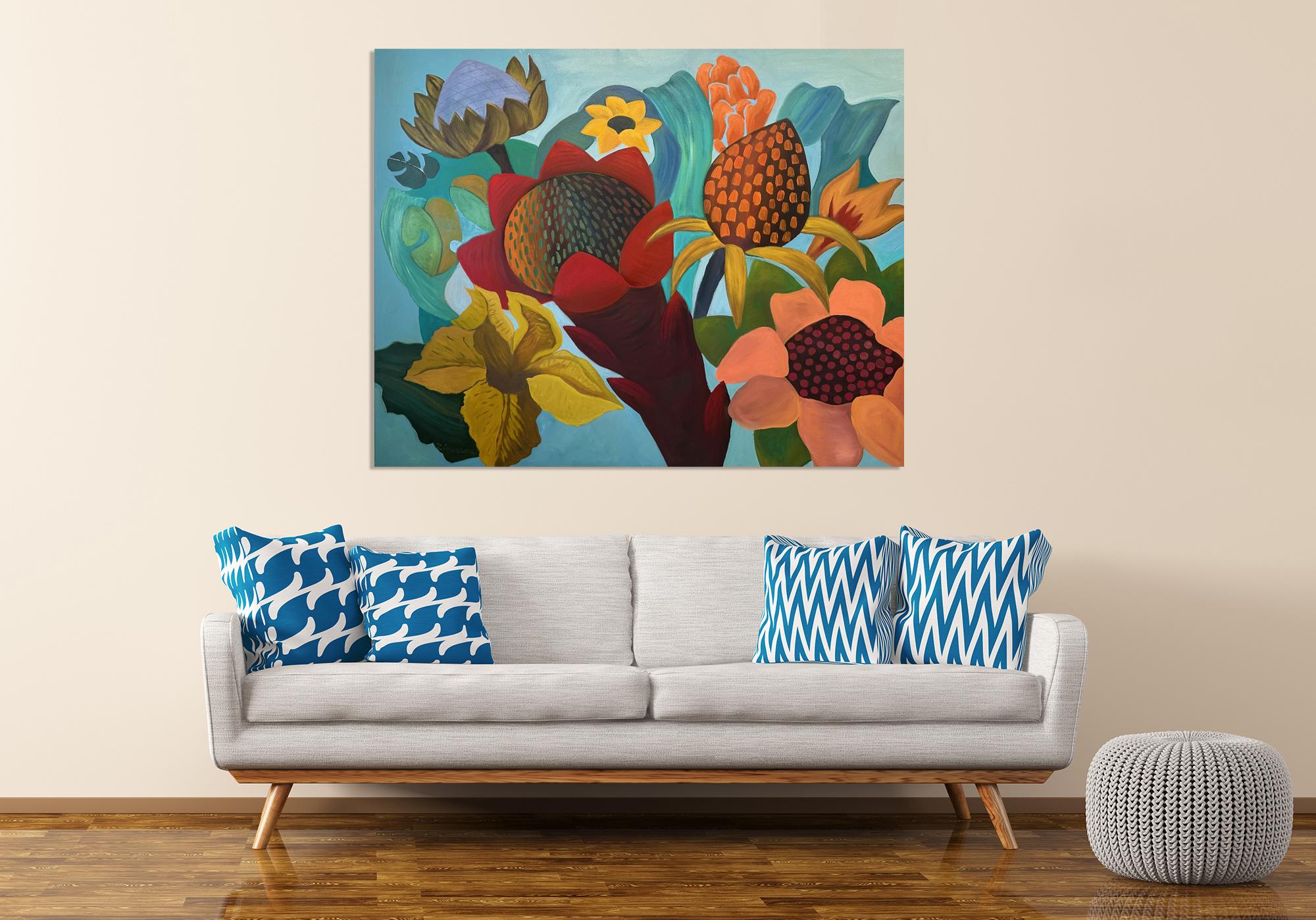 Ritmo Voluptuoso en Azul - Pintura Floral Grande - Marc Zimmerman en venta 1