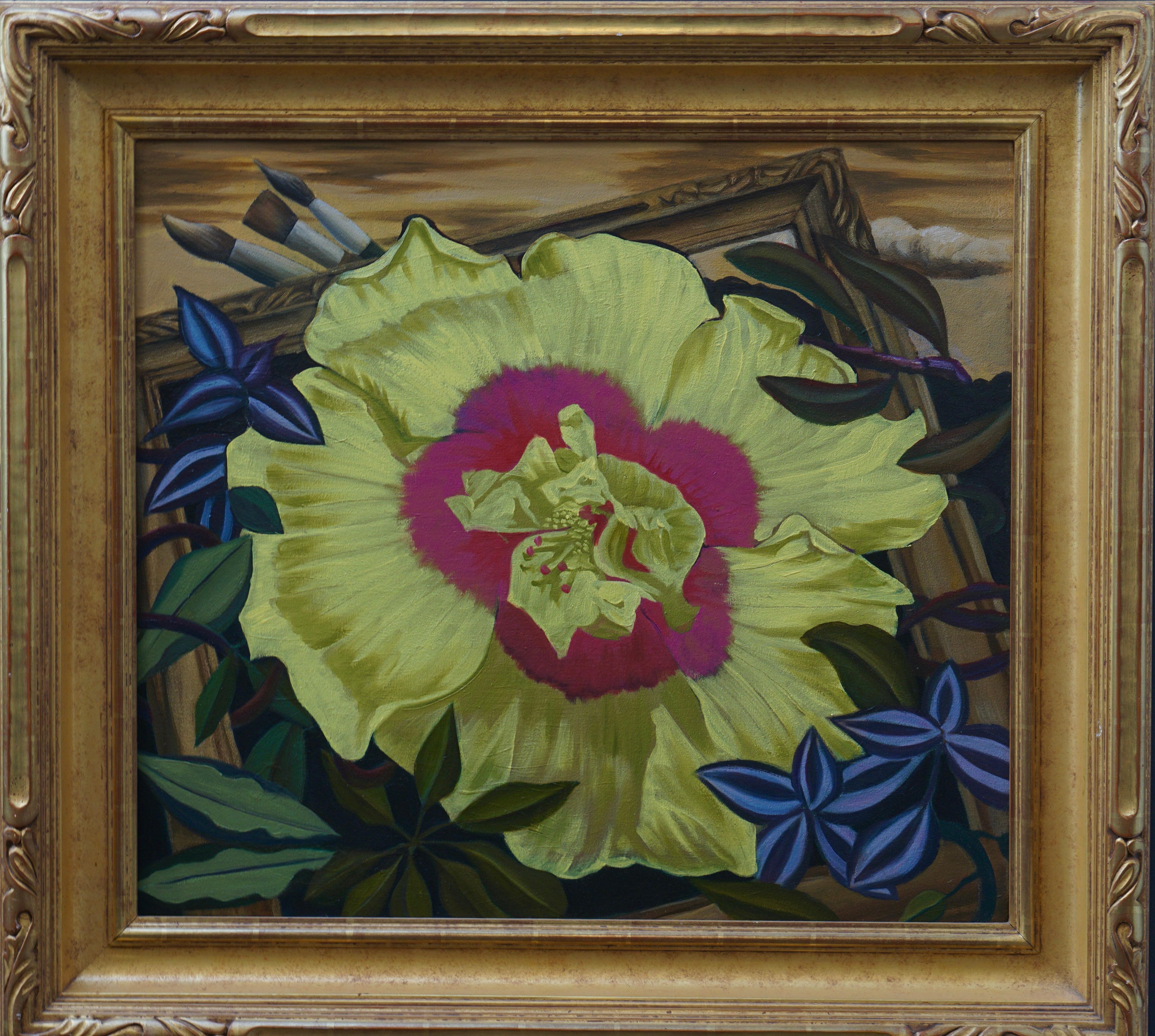 Bright yellow poppy subtly shaded with a hot pink center surrounded by richly ornate dark leaves setting off the poppy. A frame contains it with the artists brushes appearing in the background.
Gold leaf frame included. Valued at  $900.

Yellow