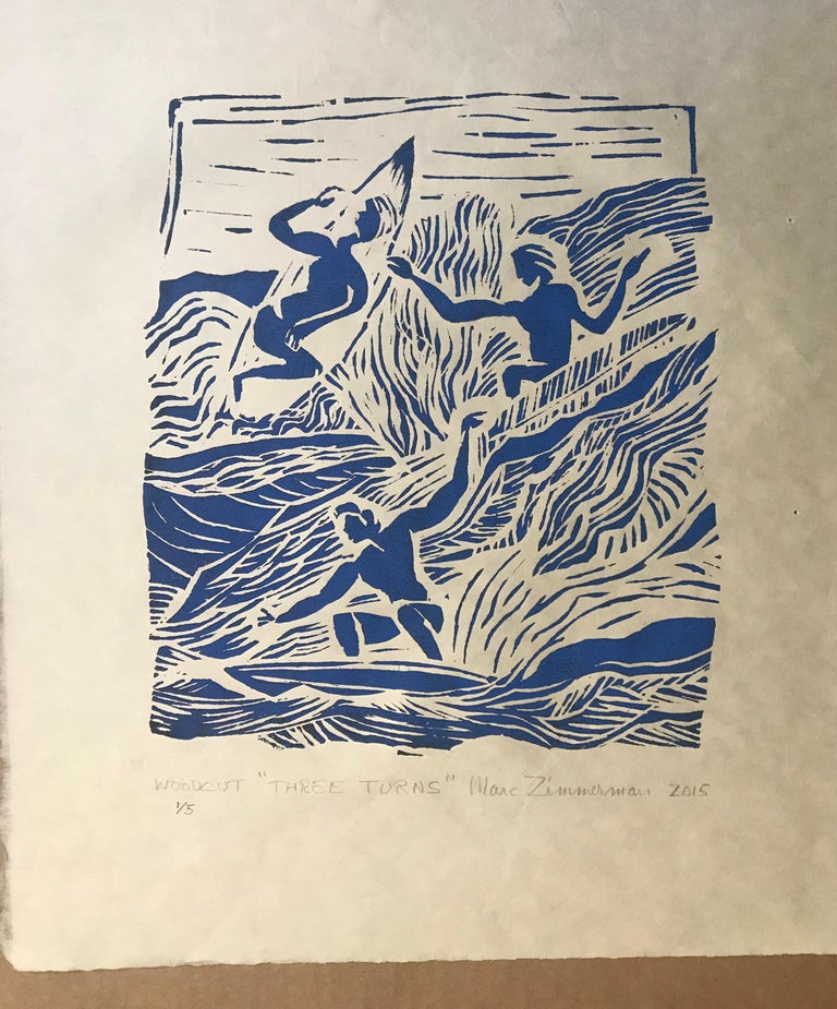 Three surfers carving up the Hawaiian waves, having a blast in the tropical surf.

3 Turns - Surfing Art - Figurative Print - Woodcut Print By Marc Zimmerman

Limited Edition 01/05

This masterpiece is exhibited in the Zimmerman Gallery, Carmel