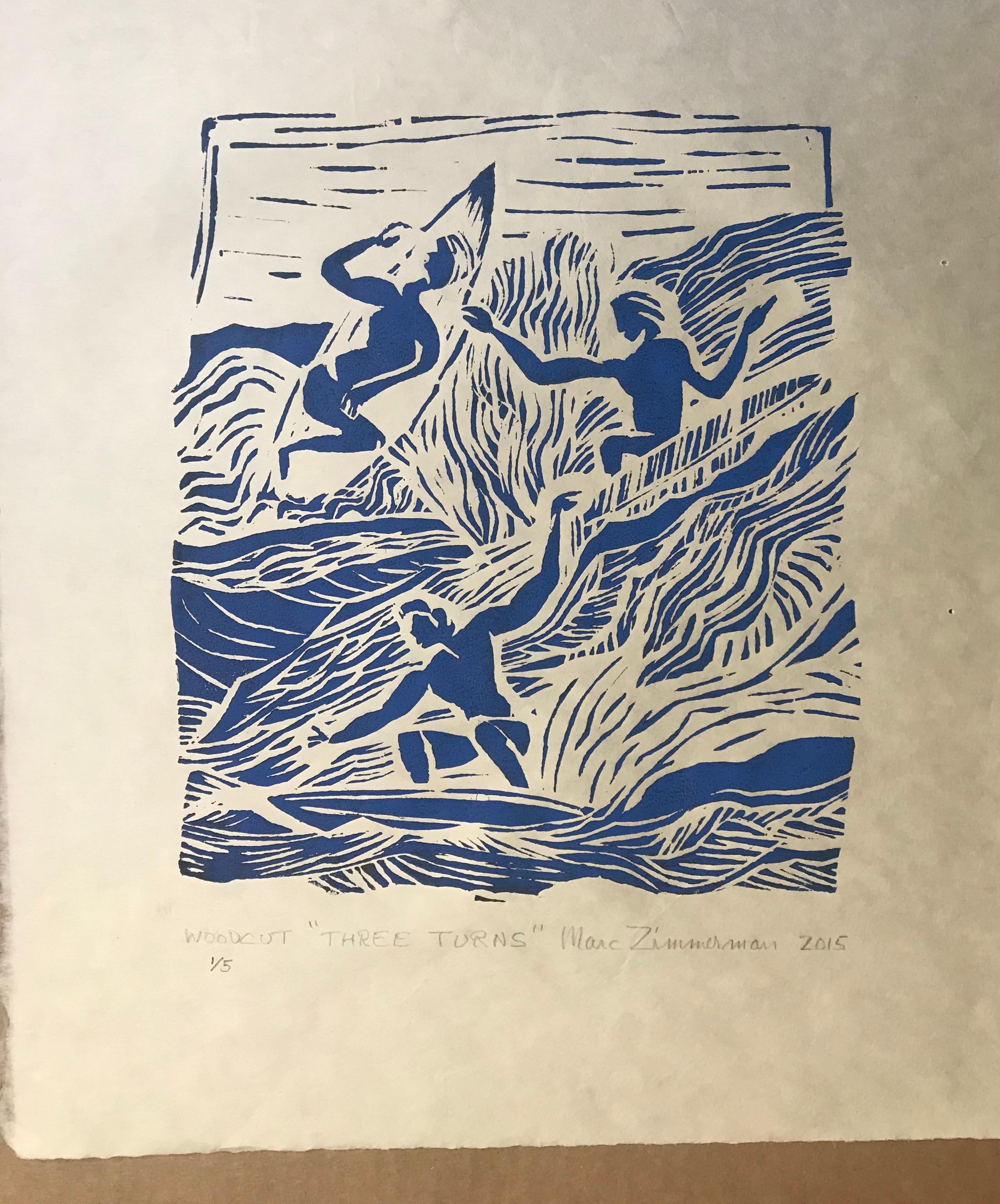 3 Turns - Surfing Art - Figurative Print - Woodcut Print By Marc Zimmerman