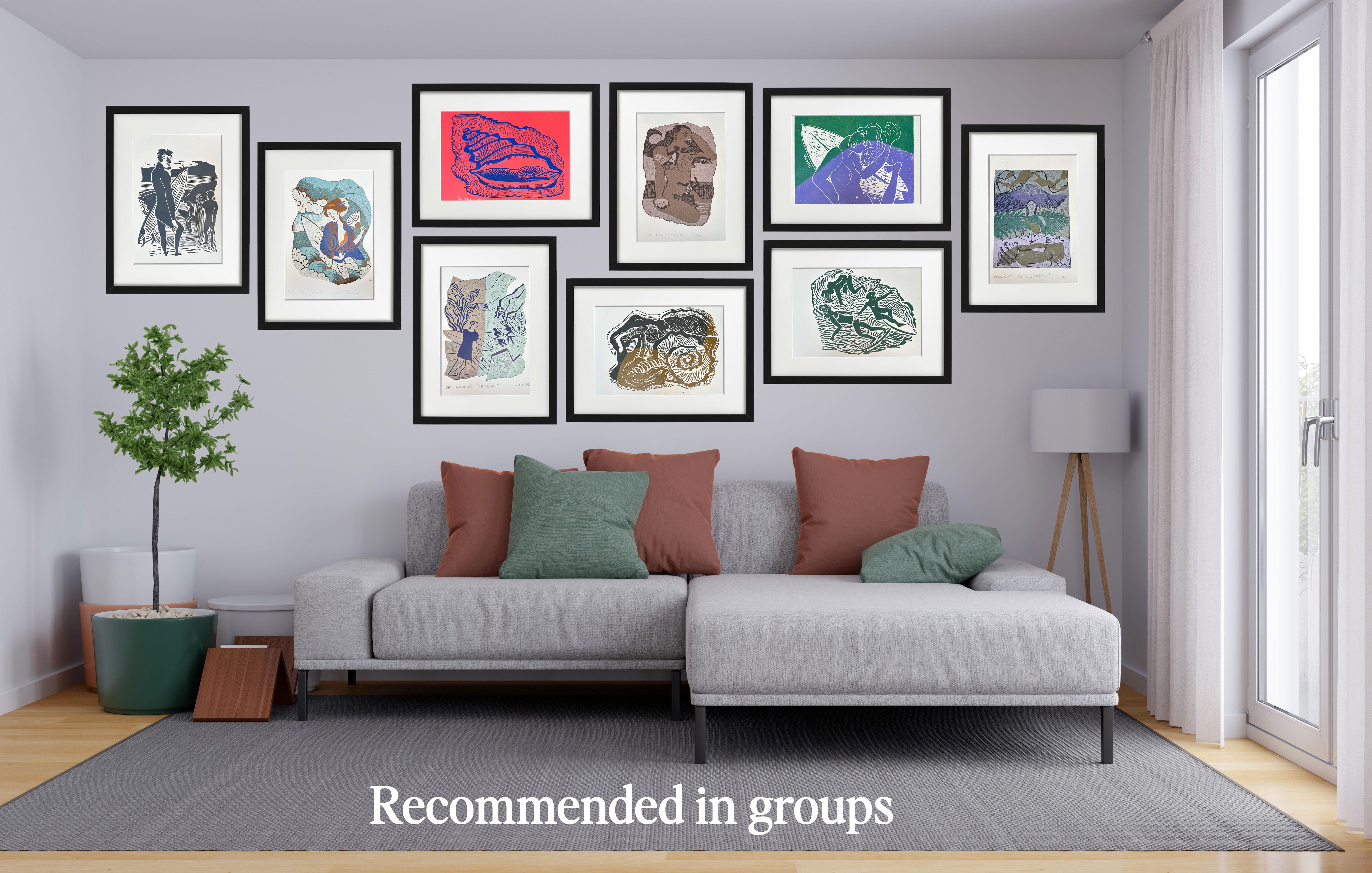 Beyond The Obsession Lies The Connection - Surfing Art - Woodcut Print By Marc - Beige Landscape Print by Marc Zimmerman