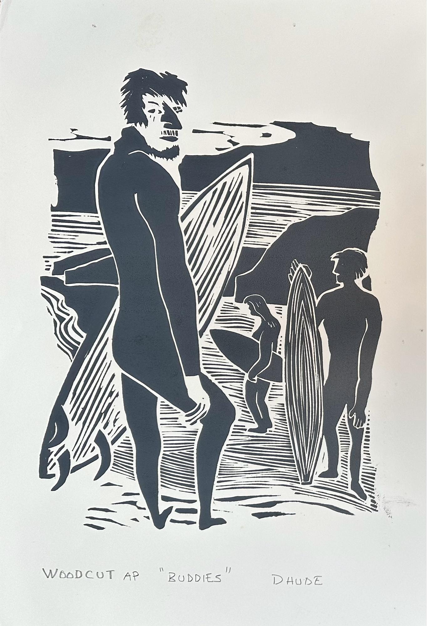 Marc Zimmerman La Jolla Surfing Art Figurative Woodcut Print By