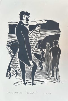 Buddies - Surfing Art - Figurative - Woodcut Print By Marc Zimmerman