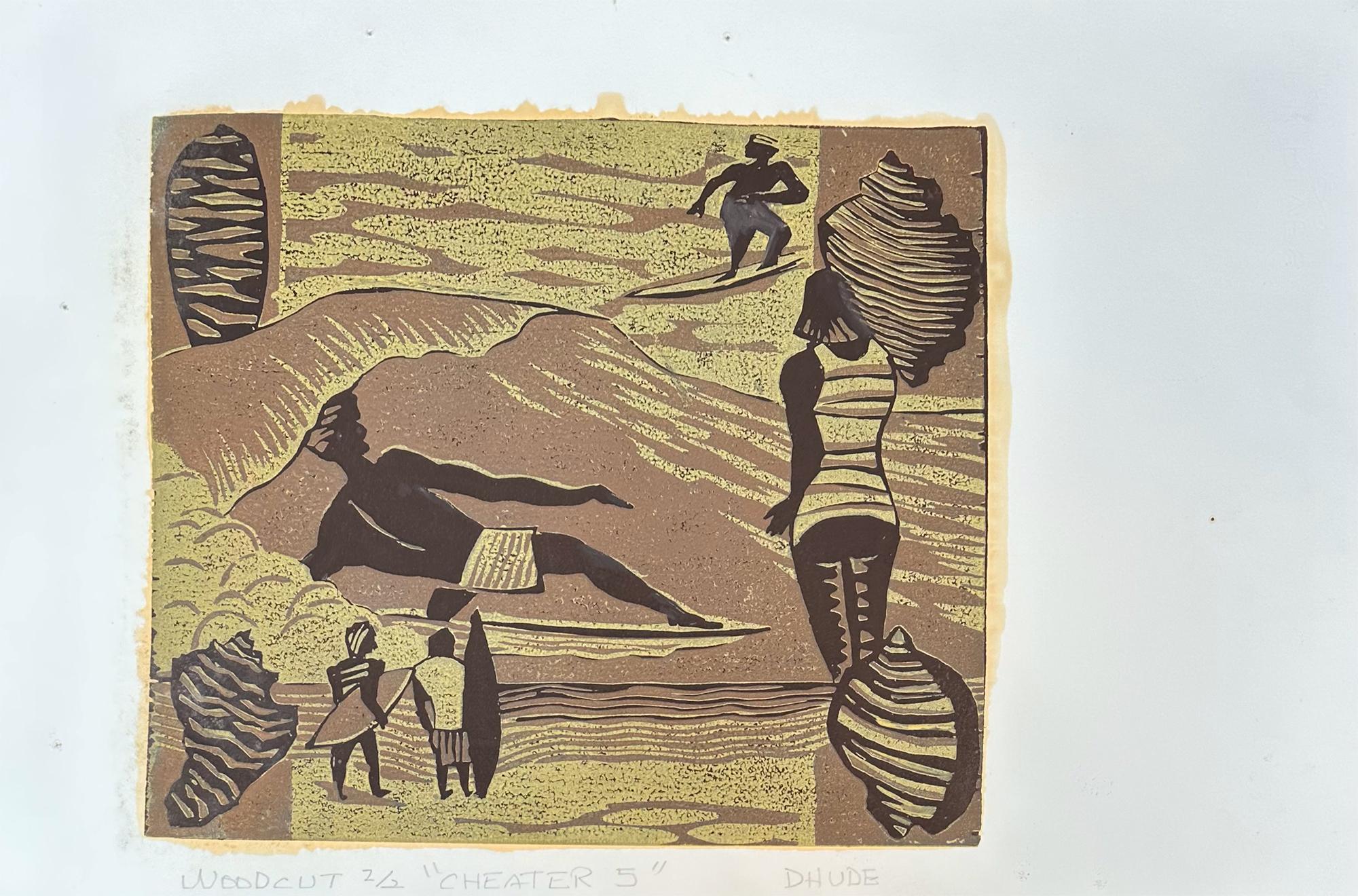 Marc Zimmerman La Jolla Surfing Art Figurative Woodcut Print By