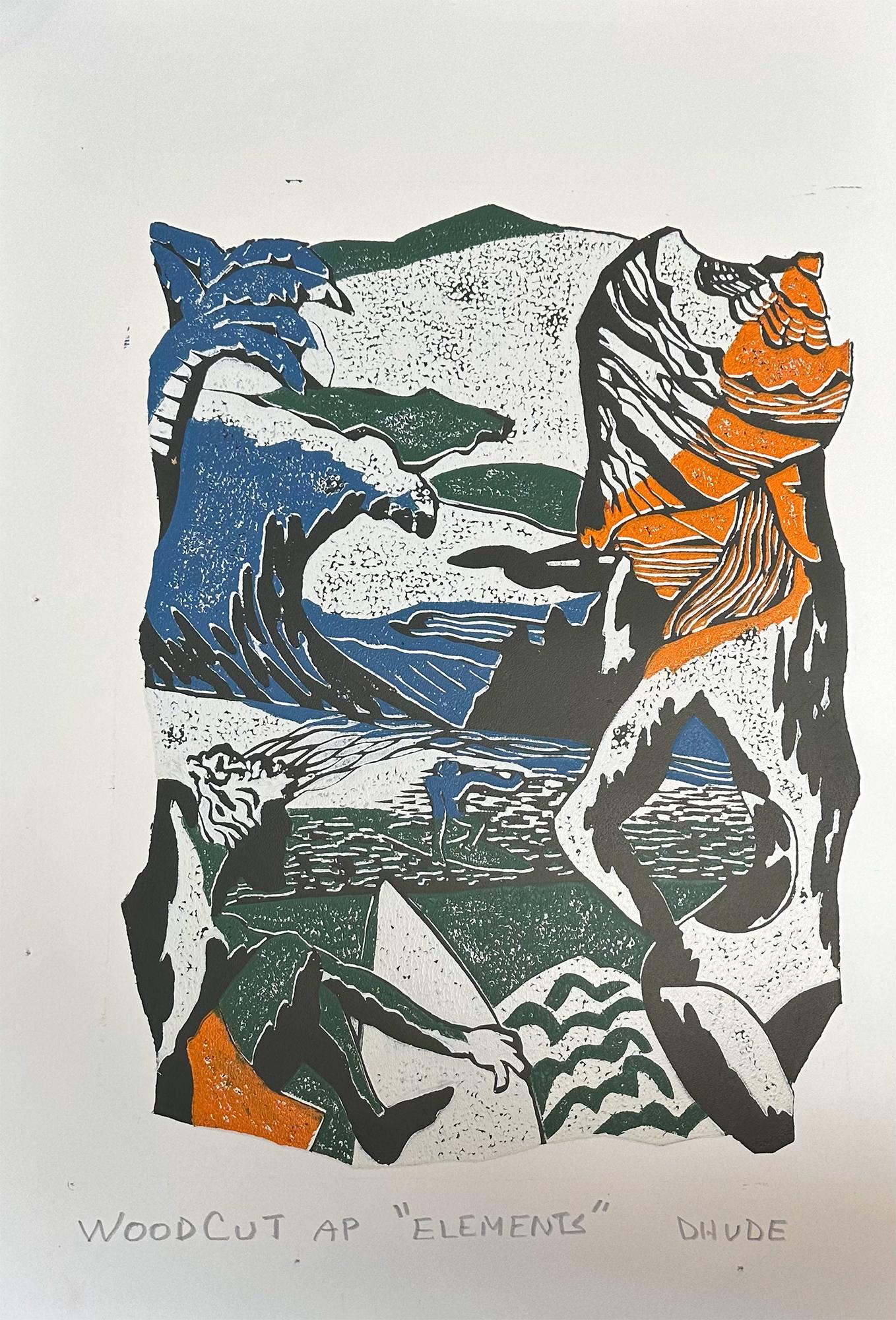 Elements - Surfing Art - Figurative - Woodcut Print By Marc Zimmerman