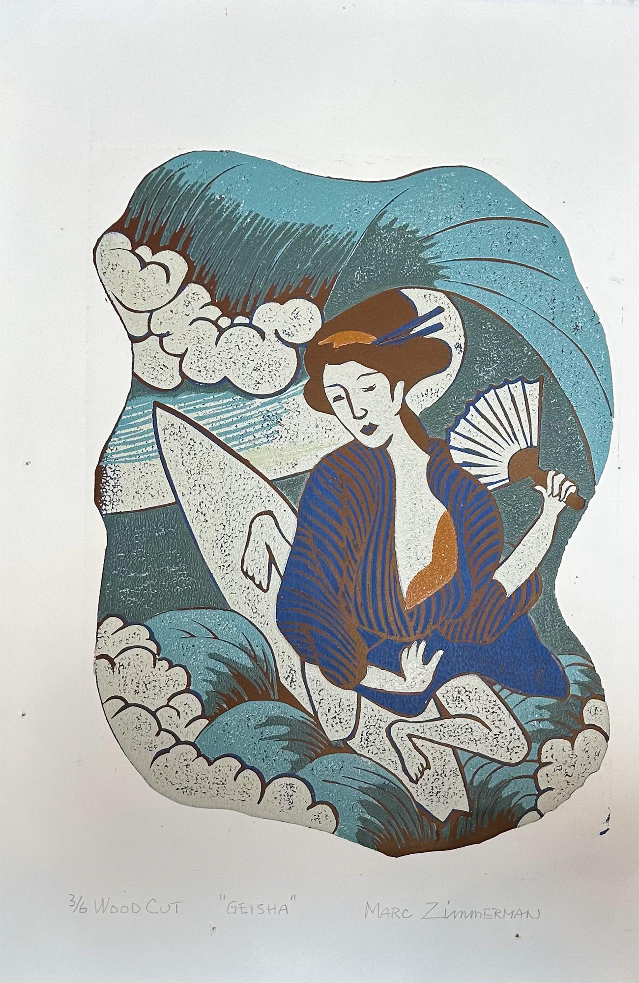 Geisha - Surfing Art - Figurative - Woodcut Print By Marc Zimmerman

Limited Edition 01/04

This masterwork is exhibited in the Zimmerman Gallery, Carmel CA.

Immerse yourself in the captivating world of surfing and ocean vibes with Marc Zimmerman's
