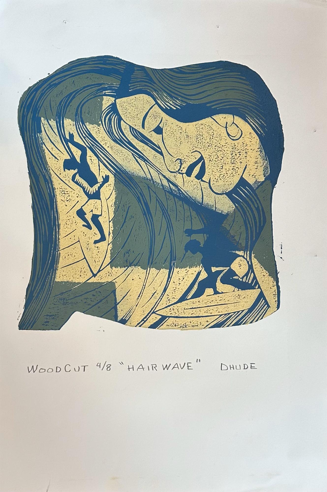 Marc Zimmerman Hair Wave Surfing Art Figurative Woodcut Print