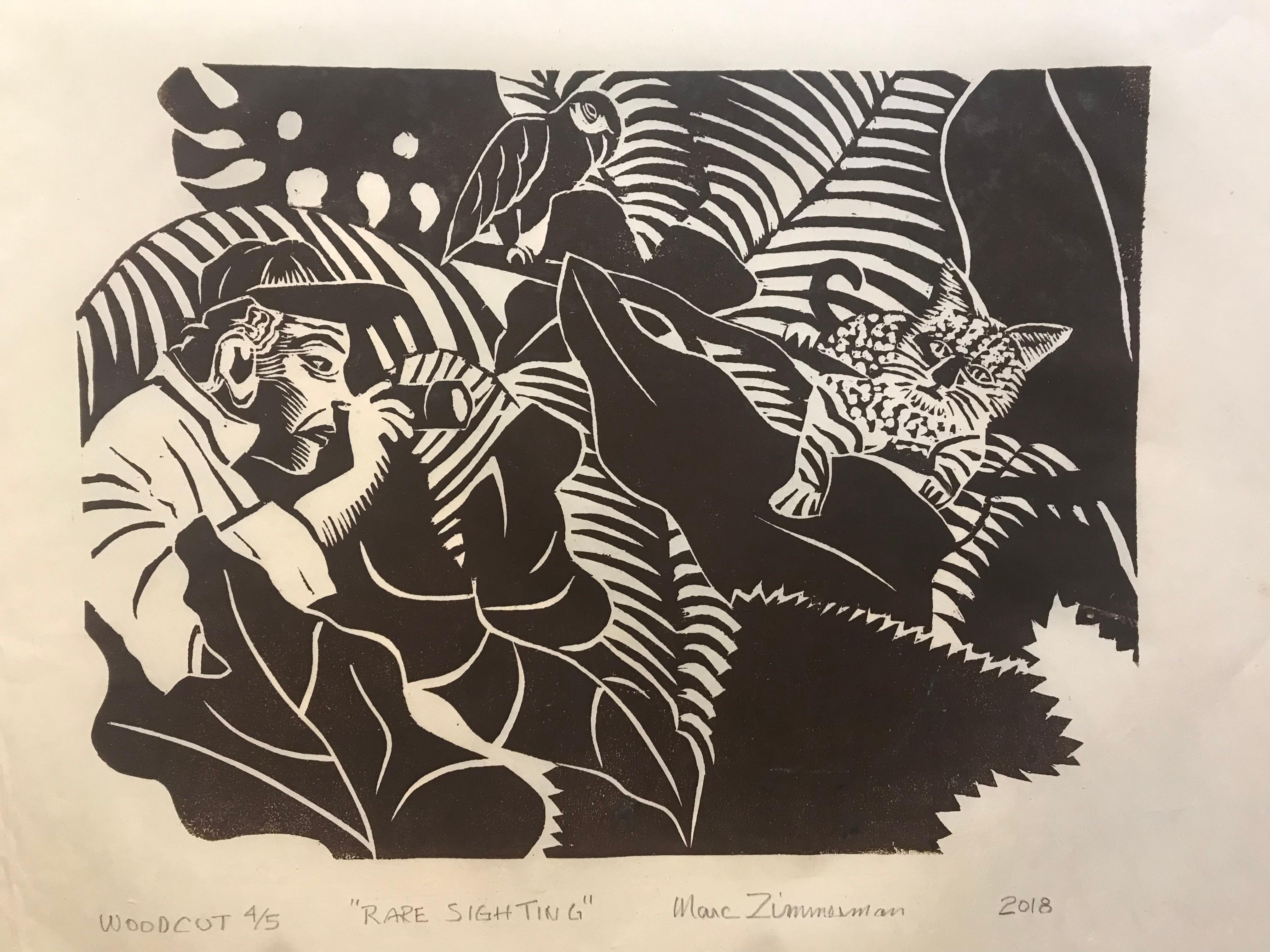 Finding a pussy cat in the deep jungle was truly a rare sighting for this naturalist. Black ink on buff rice paper.

Rare Sighting - Figurative Print - Woodcut Print By Marc Zimmerman

This masterpiece is exhibited in the Zimmerman Gallery, Carmel