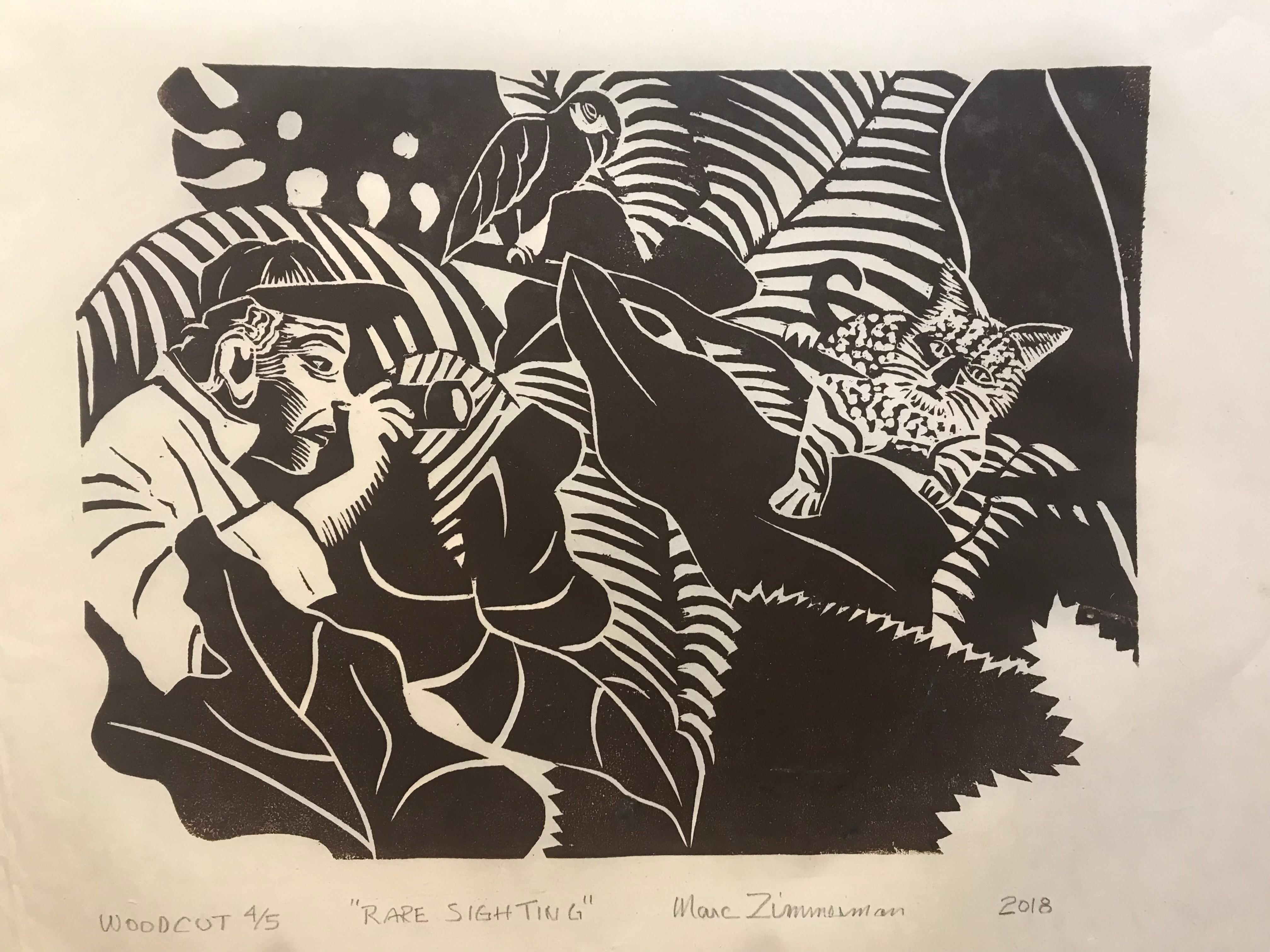 Eine Miezekatze im tiefen Dschungel zu finden, war für diesen Naturforscher wirklich ein seltener Anblick. Schwarze Tinte auf chamoisfarbenem Reispapier.

Seltener Augenblick – Figurativer Druck – Holzschnitt von Marc Zimmerman

Dieses Meisterwerk