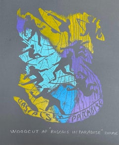 Rascale in Paradise - Surfing Art - Figurative - Woodcut Print By Marc Zimmerman