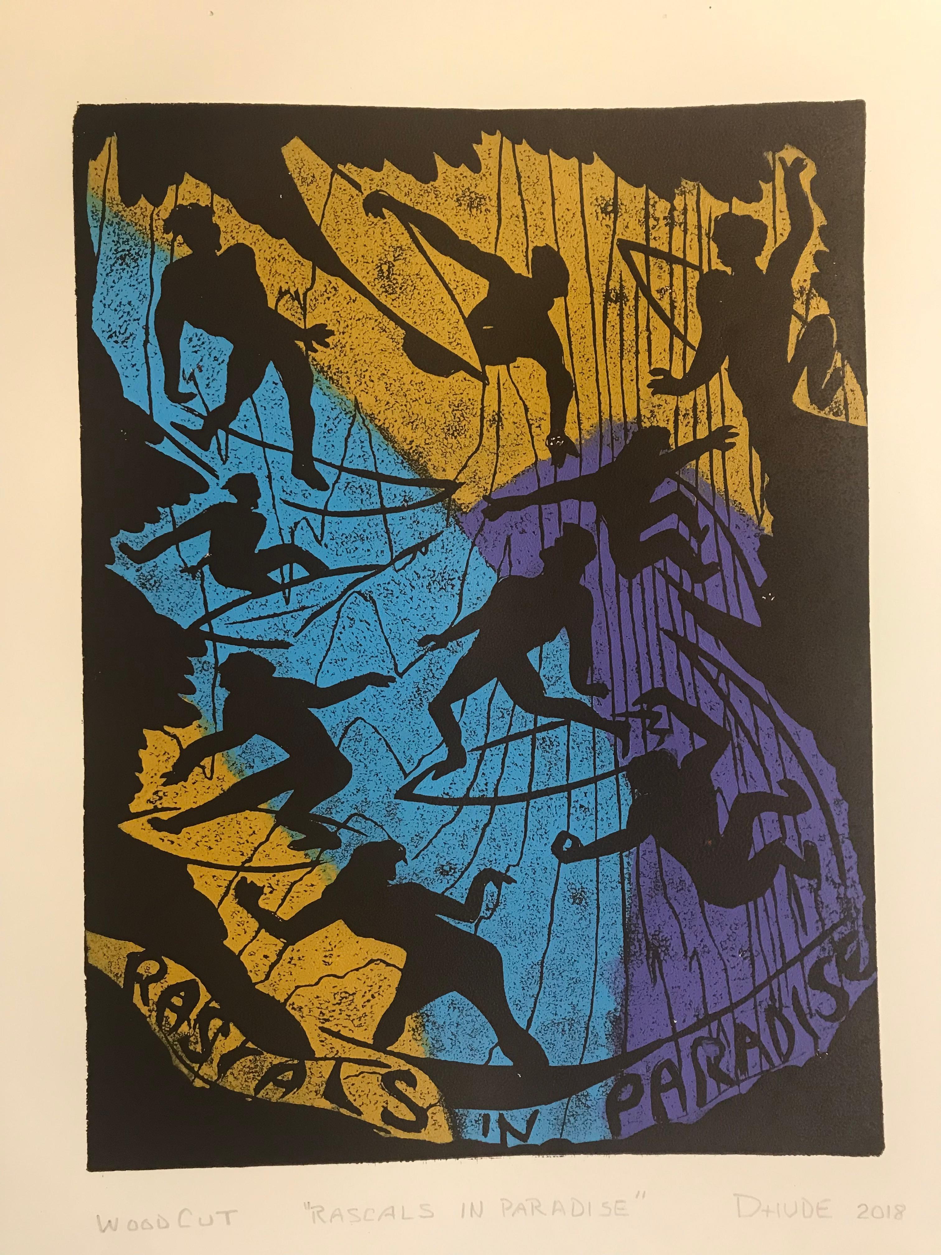  Various surfing gestures and rad moves are the subject matter here, in which the negative space becomes the subject. Printed on buff paper.

Rascals in Paradise - Figurative Print - Woodcut Print By Marc Zimmerman

This masterpiece is exhibited in