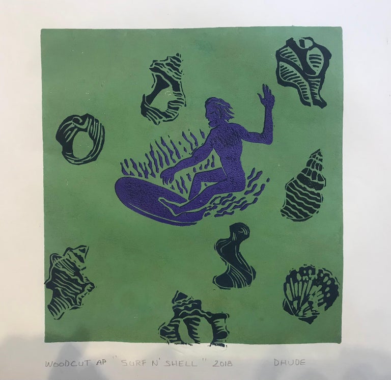 An artist proof is a one of a kind print. An original. Surfing and sea shells: Two of my favorite things.
Printed on buff archival paper.

Surf n' Shell - Figurative Print - Woodcut Print By Marc Zimmerman

This masterpiece is exhibited in the