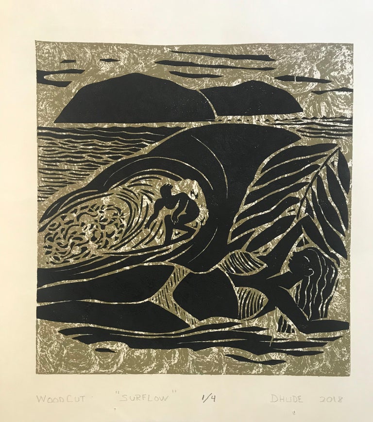 Classic woodcut style, black on modulated buff background. Surfing in the tube as he approaches the beach and the bathing beauty resting there. Must be some tropical Hawaiian paradise.

Surflow - Surfing Art - Woodcut Print - Limited Edition By Marc
