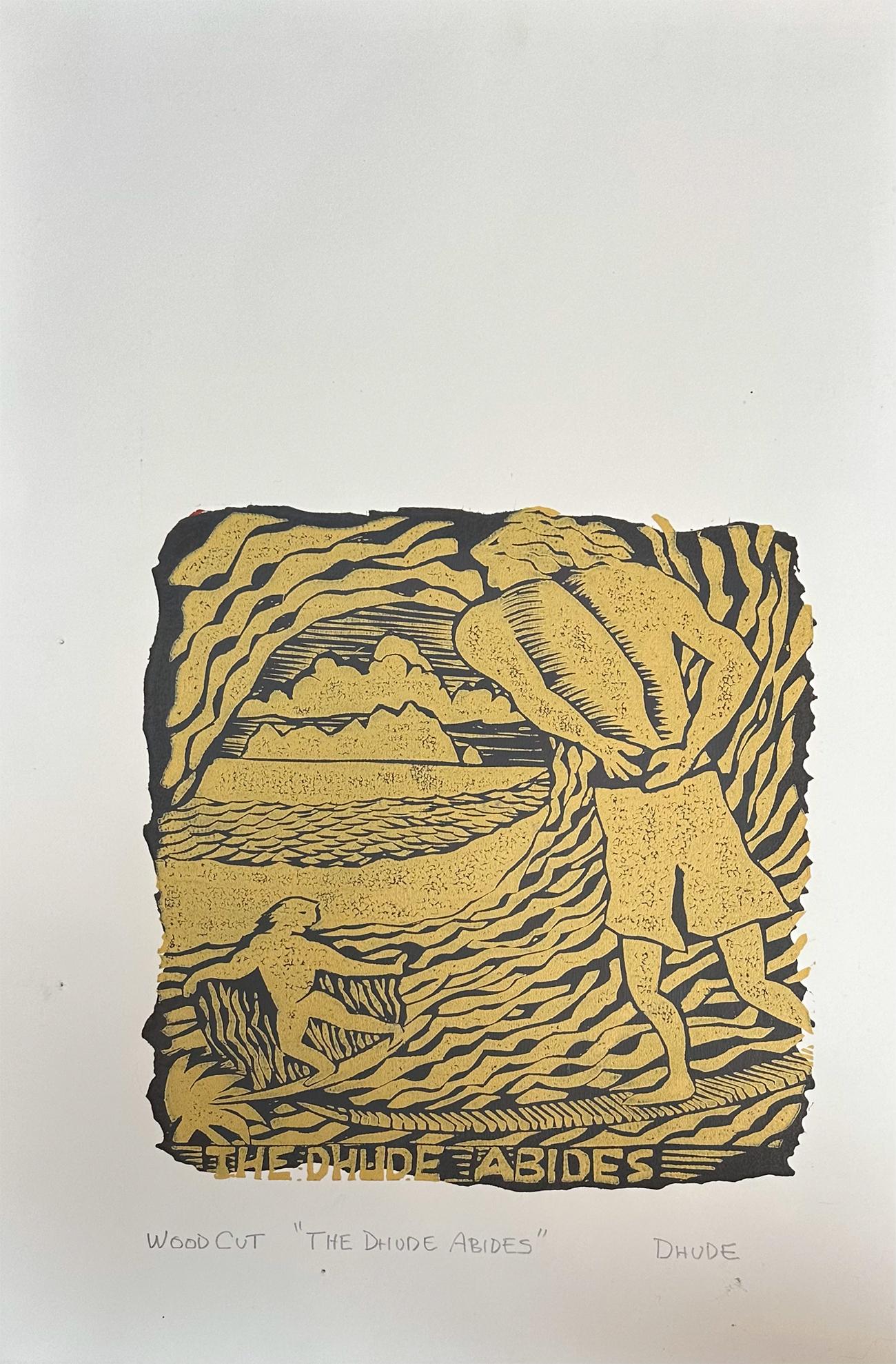 The Dhude Abides - Surfing Art - Figurative - Woodcut Print By Marc Zimmerman