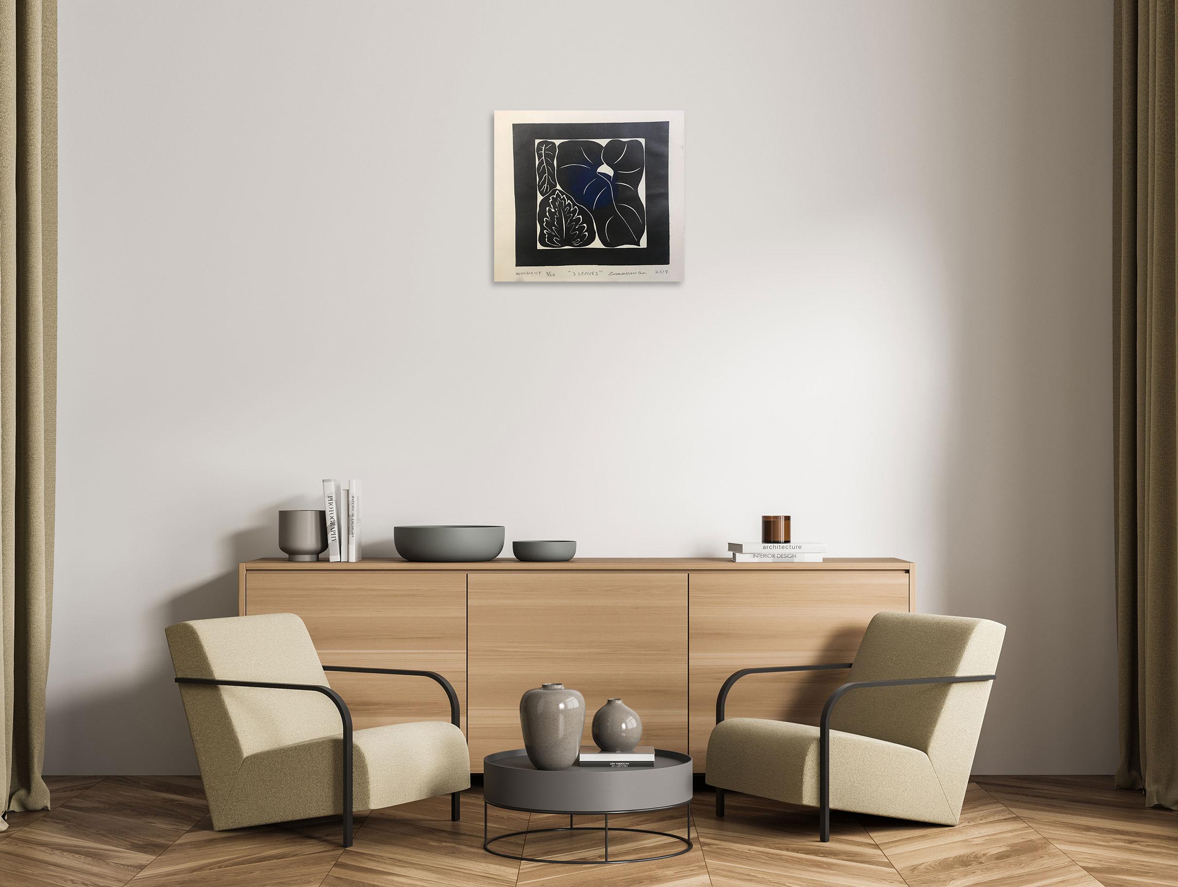 Trois feuilles (taro) - Impression de paysage - Impression sur bois de Marc Zimmerman en vente 1