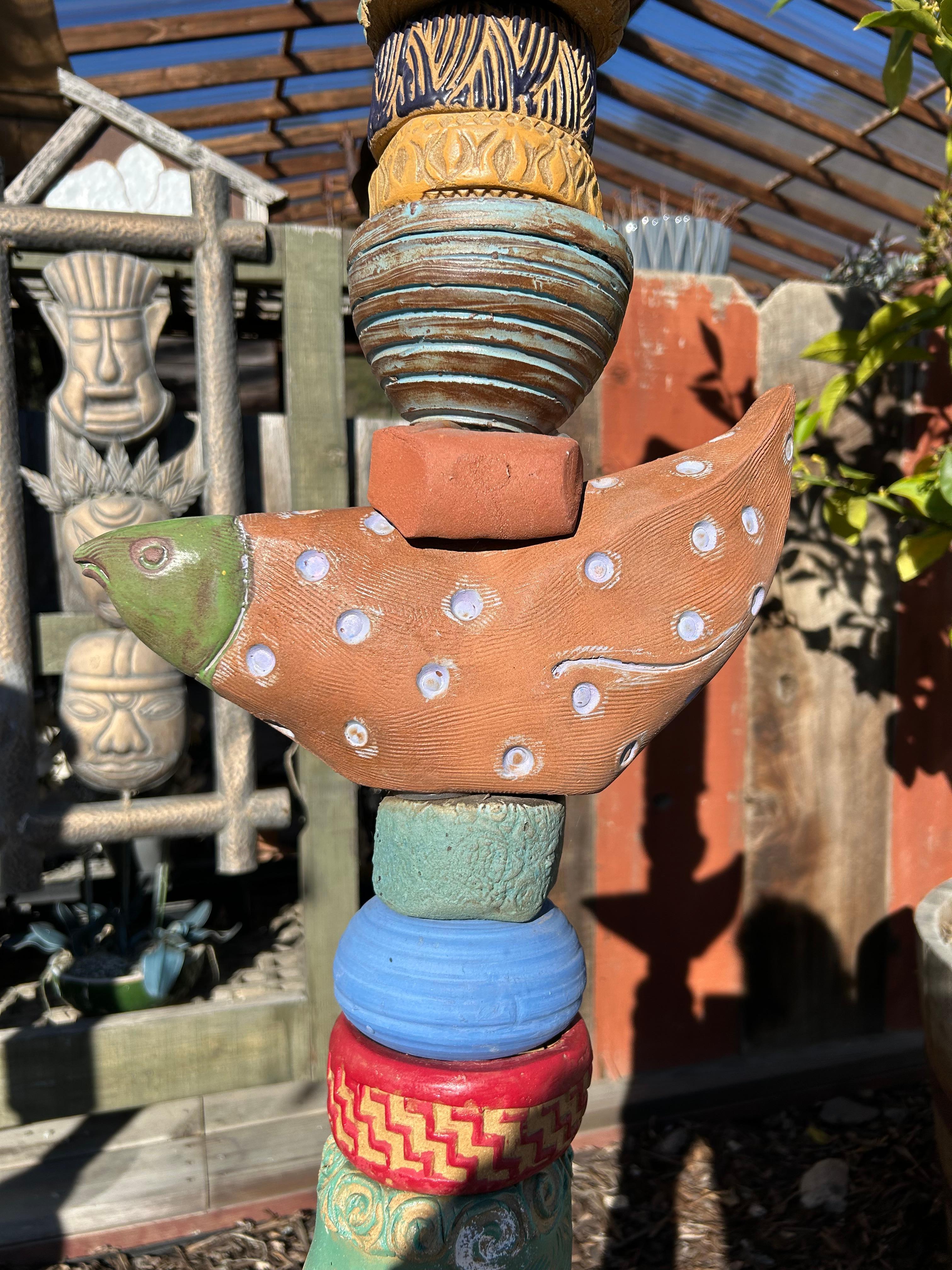             A classic Zimmerman ceramic totem sculpture featuring pastel color combinations and playfully inventive bird shapes. great in garden settings or in a featured place in the home.
-----------------------------------