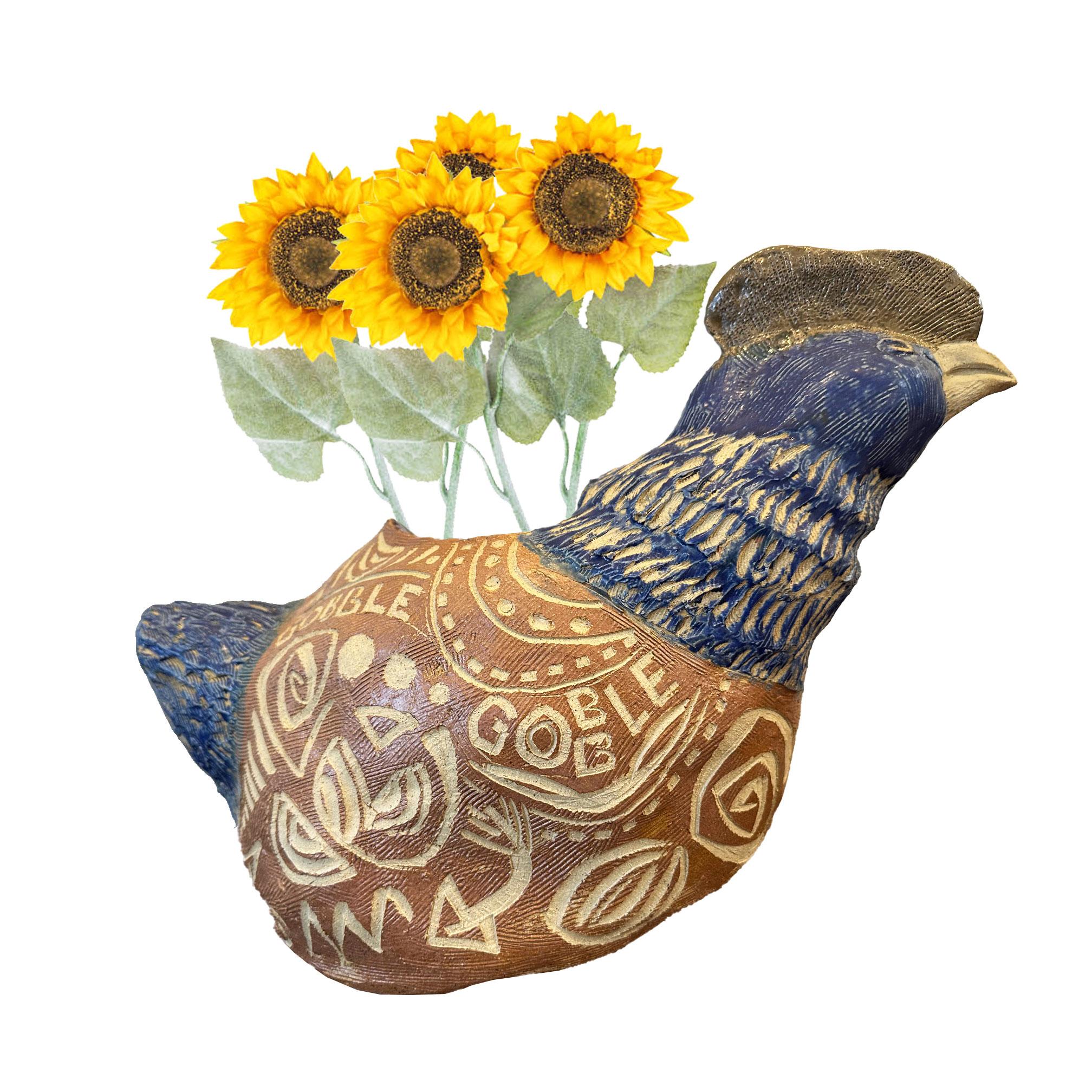 Vase à poule bleu et Brown - Sculpture de coq en céramique - Marc Zimmerman en vente 1
