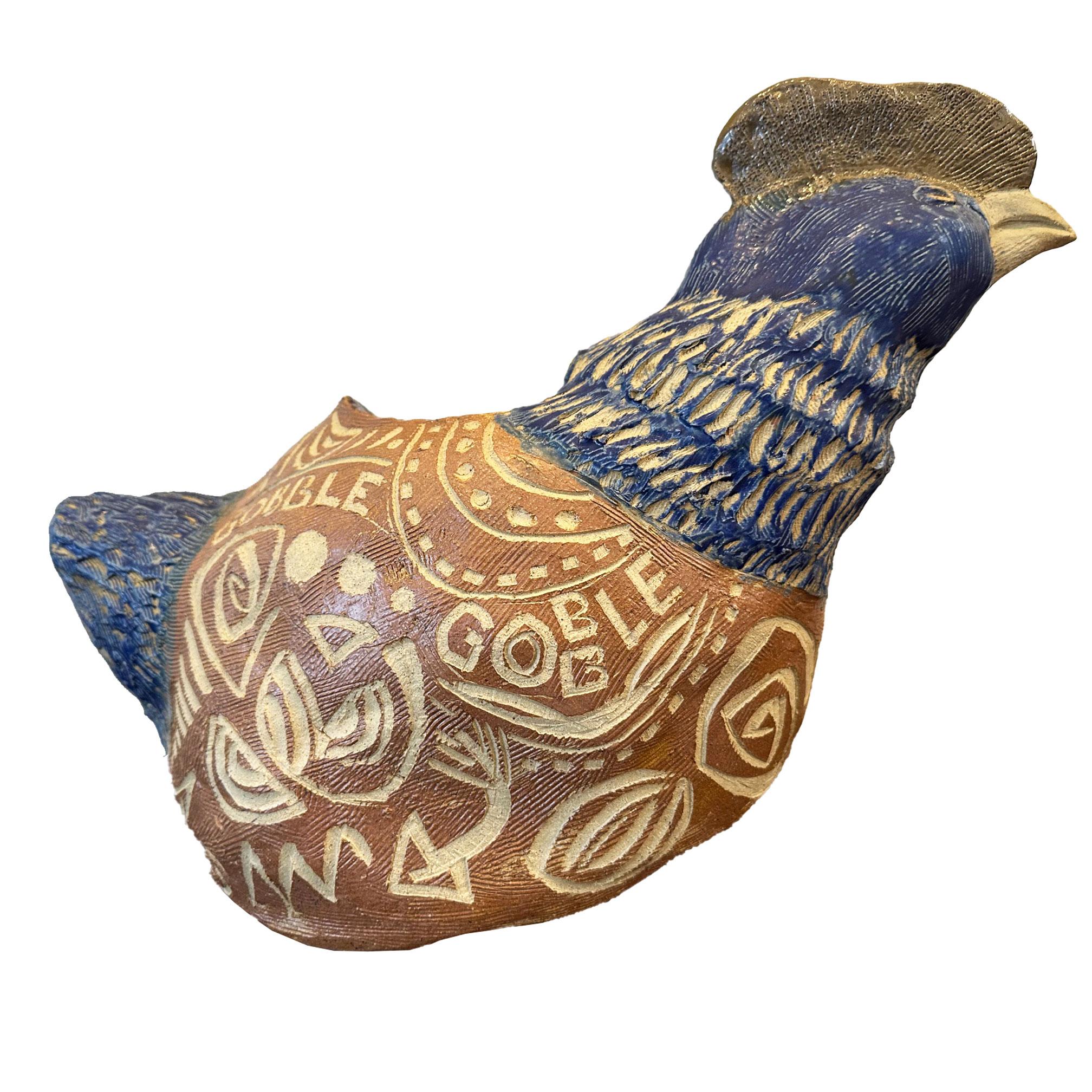 Blaue und braune Vase für Hühner - Skulptur eines keramischen Hahns - Marc Zimmerman im Angebot 5