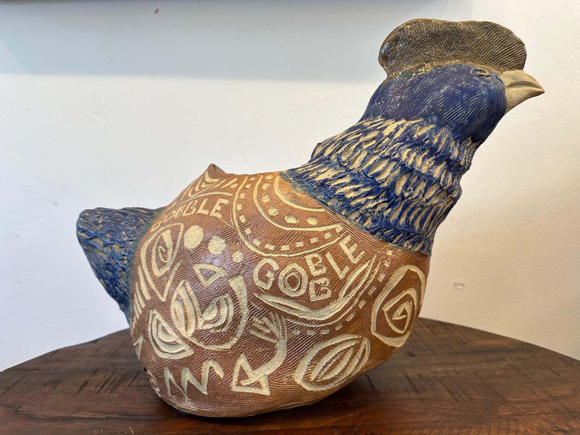 Blue and Brown Chicken Vase - Ceramic Rooster Sculpture - Marc Zimmerman