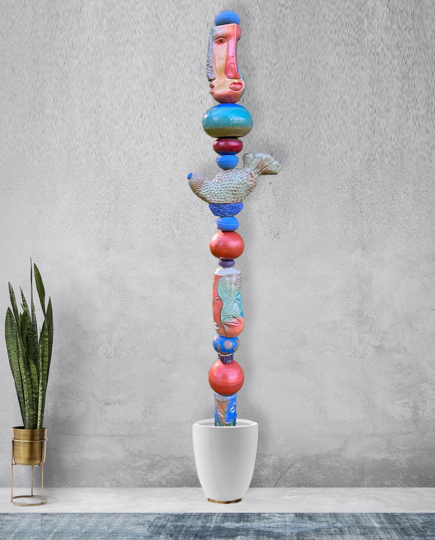 Blue Ceramic Totem - Tall Sculpture for Garden and Indoor by Marc Zimmerman 1