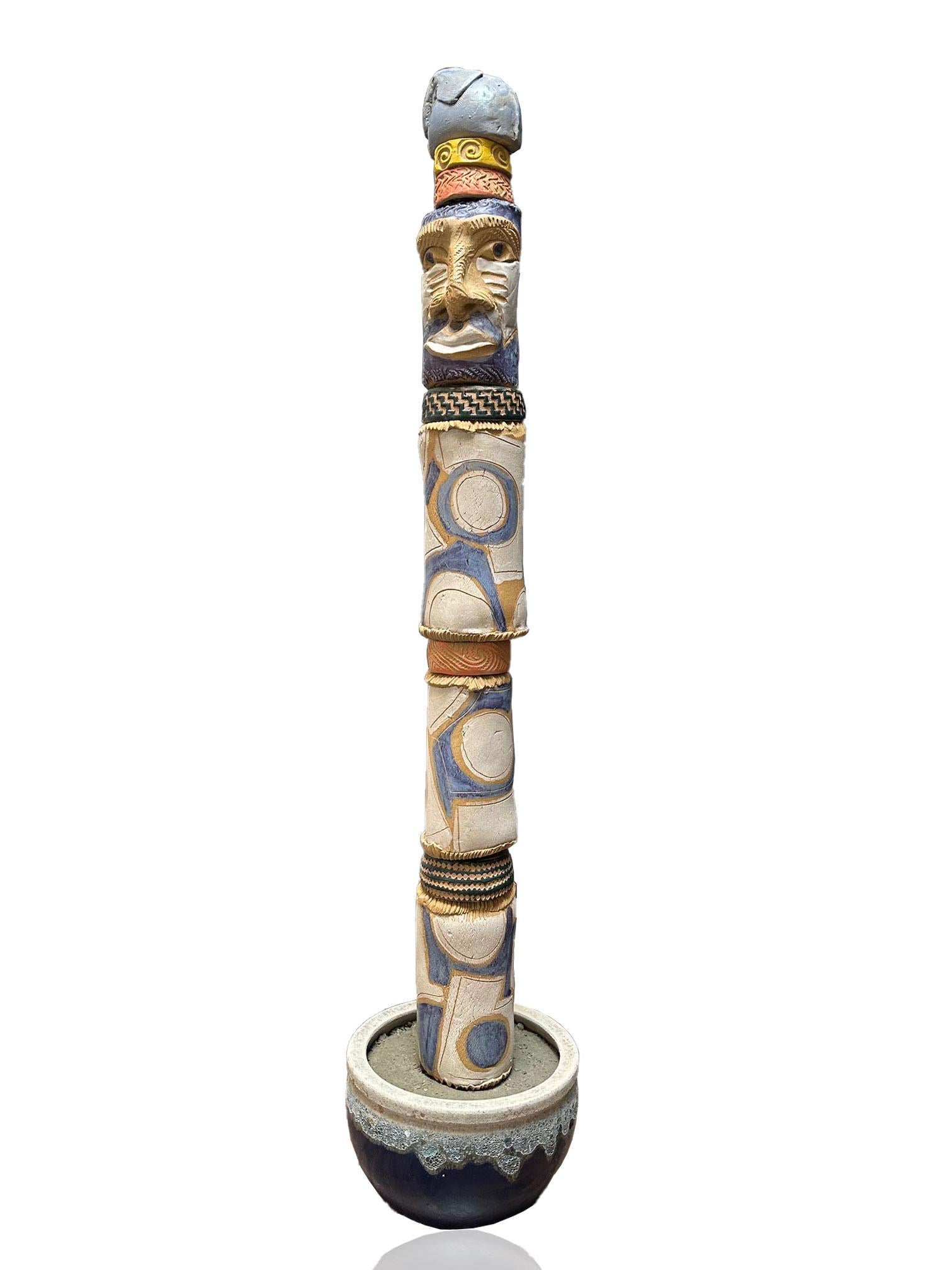 Totem Cara Azul y Elefante - Escultura de Cerámica Para Jardín Exterior o Interior - Sculpture de Marc Zimmerman