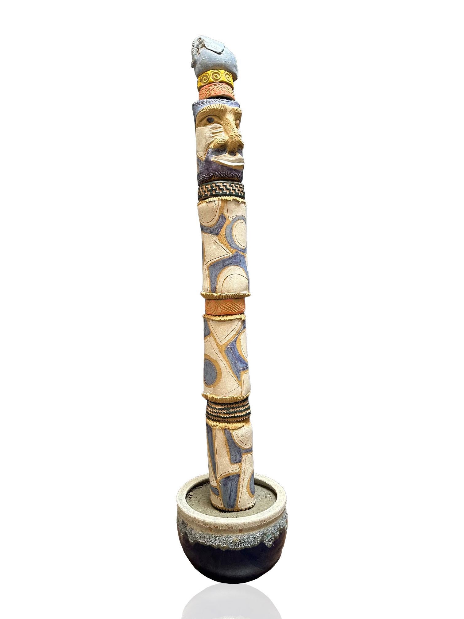 Totem Cara Azul y Elefante - Escultura de Cerámica Para Jardín Exterior o Interior