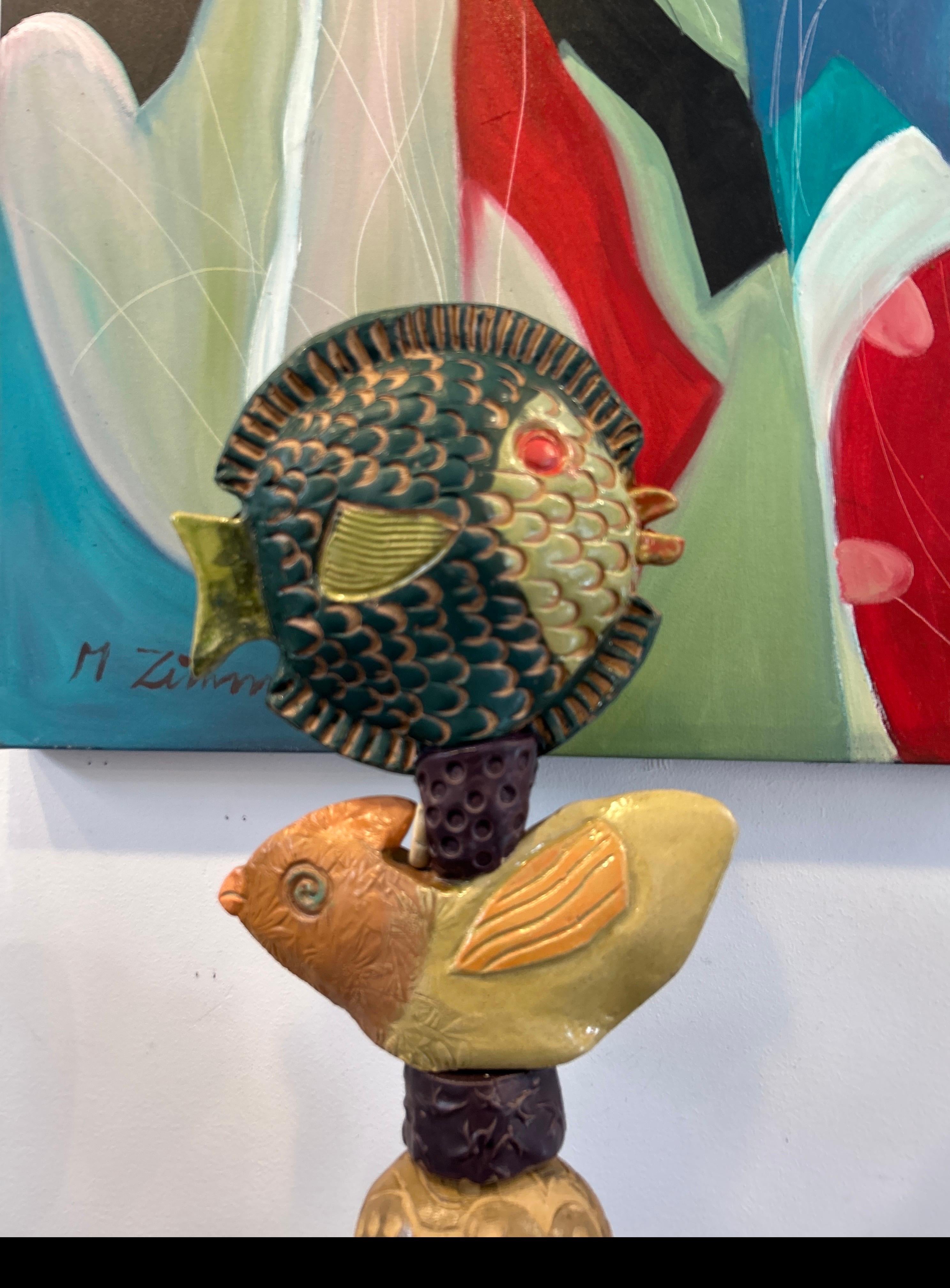 Ceramic totem with long snouted creature - Sculpture by Marc Zimmerman