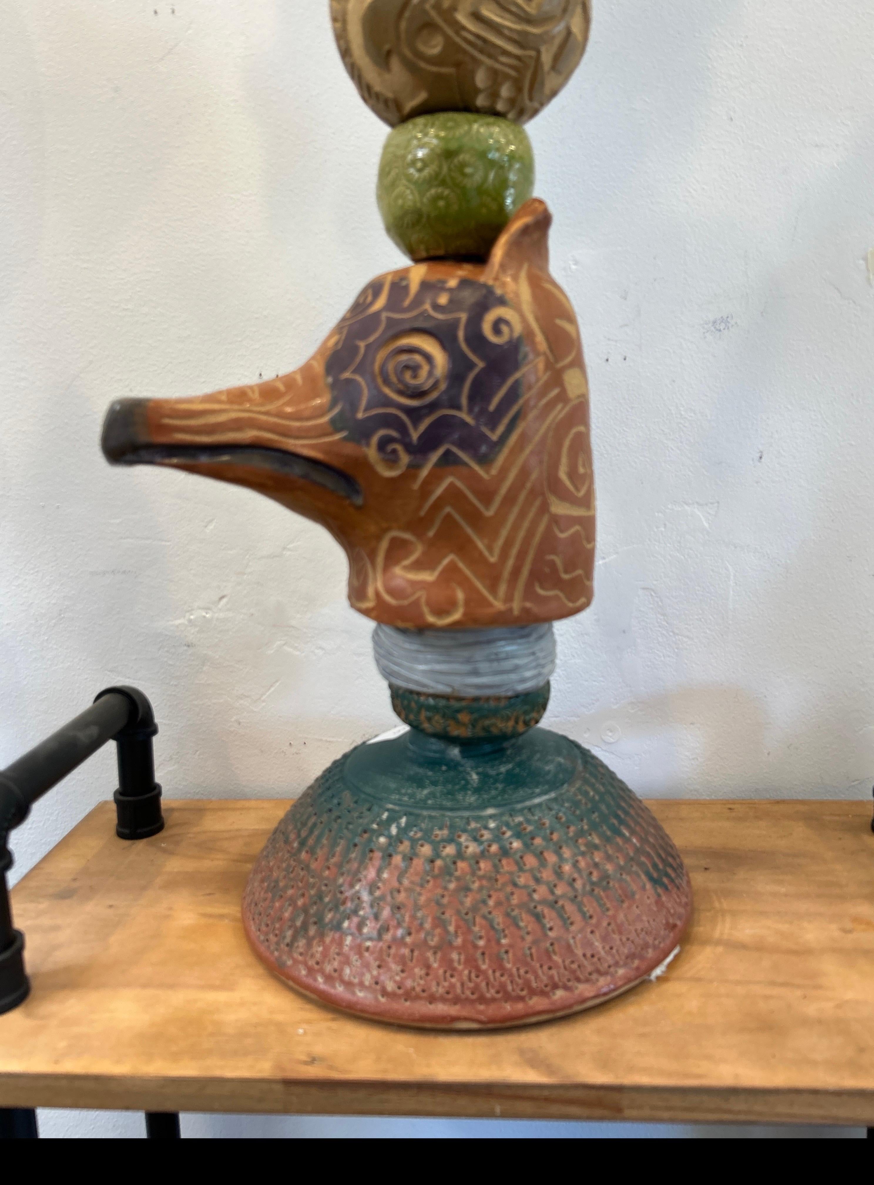 Ceramic totem with long snouted creature - Folk Art Sculpture by Marc Zimmerman
