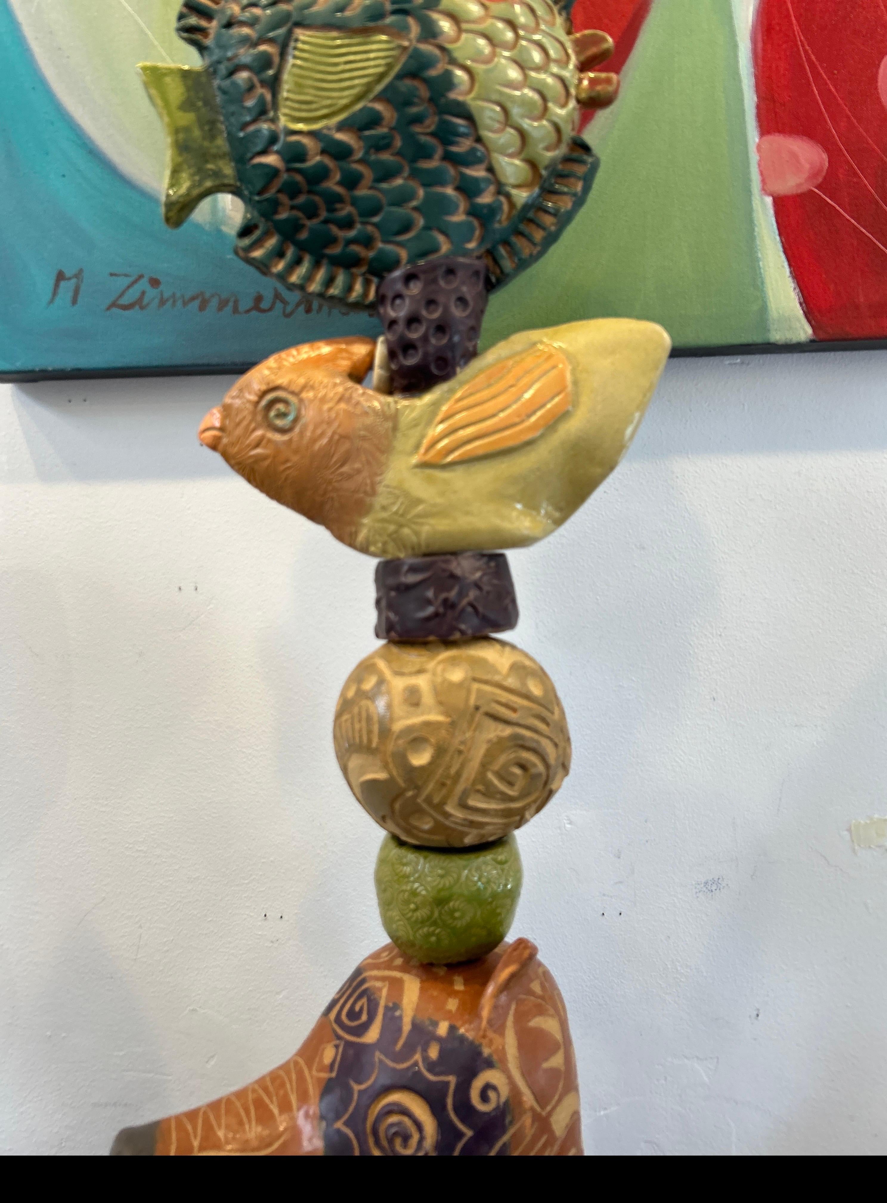 Ceramic totem with long snouted creature - Gray Figurative Sculpture by Marc Zimmerman