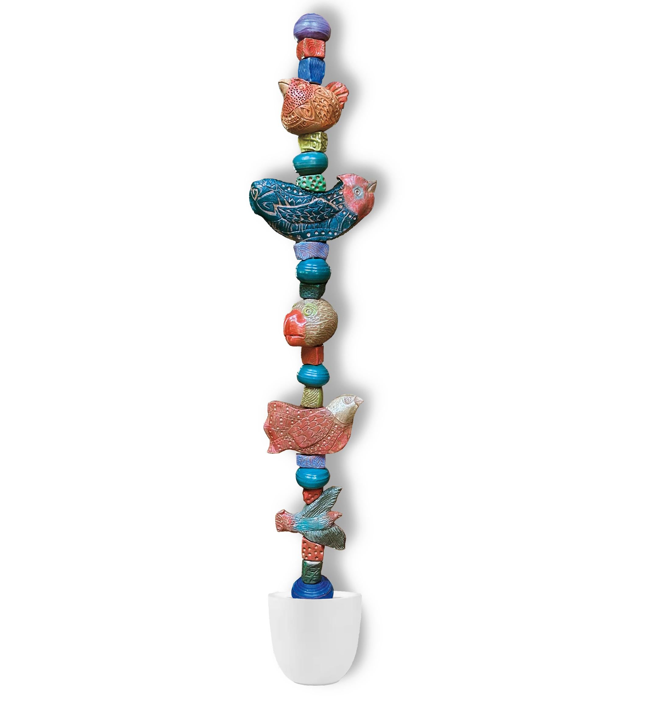 Large Birds & Chickens Totem - Ceramic Sculpture for Outdoor Garden or Indoor - Brown Figurative Sculpture by Marc Zimmerman