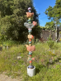 Large Birds & Chickens Totem - Ceramic Sculpture for Outdoor Garden or Indoor