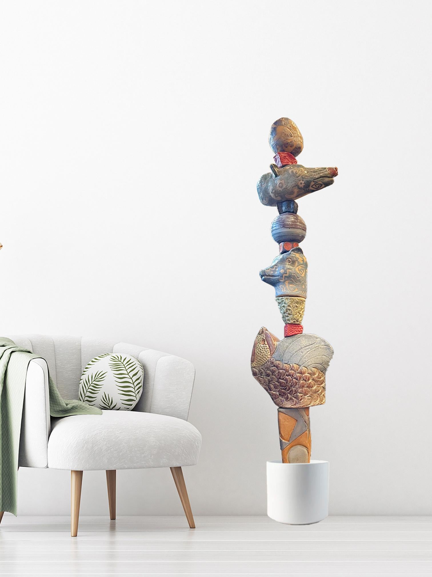 Medium Animal Totem - Glazed Ceramic Sculpture For Outdoor Garden or Indoors - White Figurative Sculpture by Marc Zimmerman