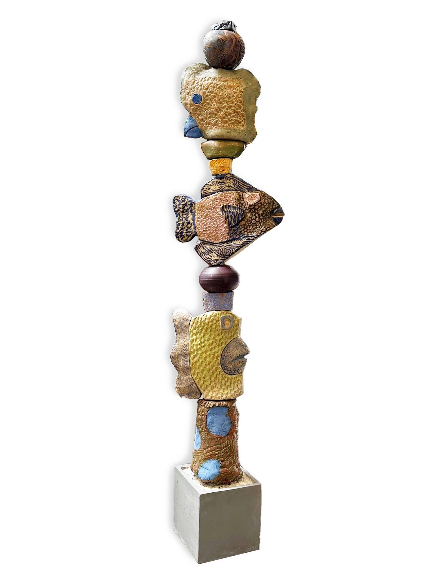 Medium Fish Totem - Glazed Ceramic Sculpture For Outdoor Garden or Indoors - Art by Marc Zimmerman