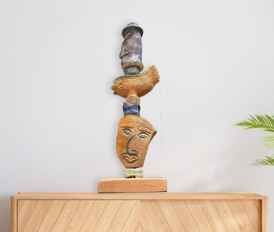 Oceanic Essence: Ancient Face & Fish Symbol by Marc Zimmerman - Totem Sculpture For Sale 1