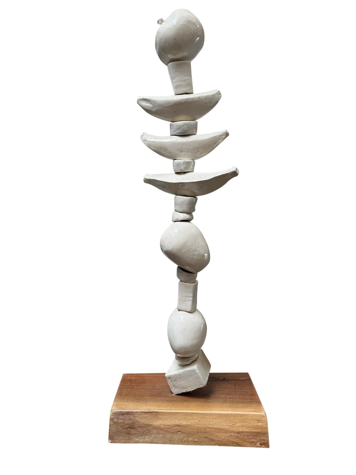 Marc Zimmerman Abstract Sculpture - White Banana & Apple Ceramic Totem Sculpture For Indoor - Contemporary Art