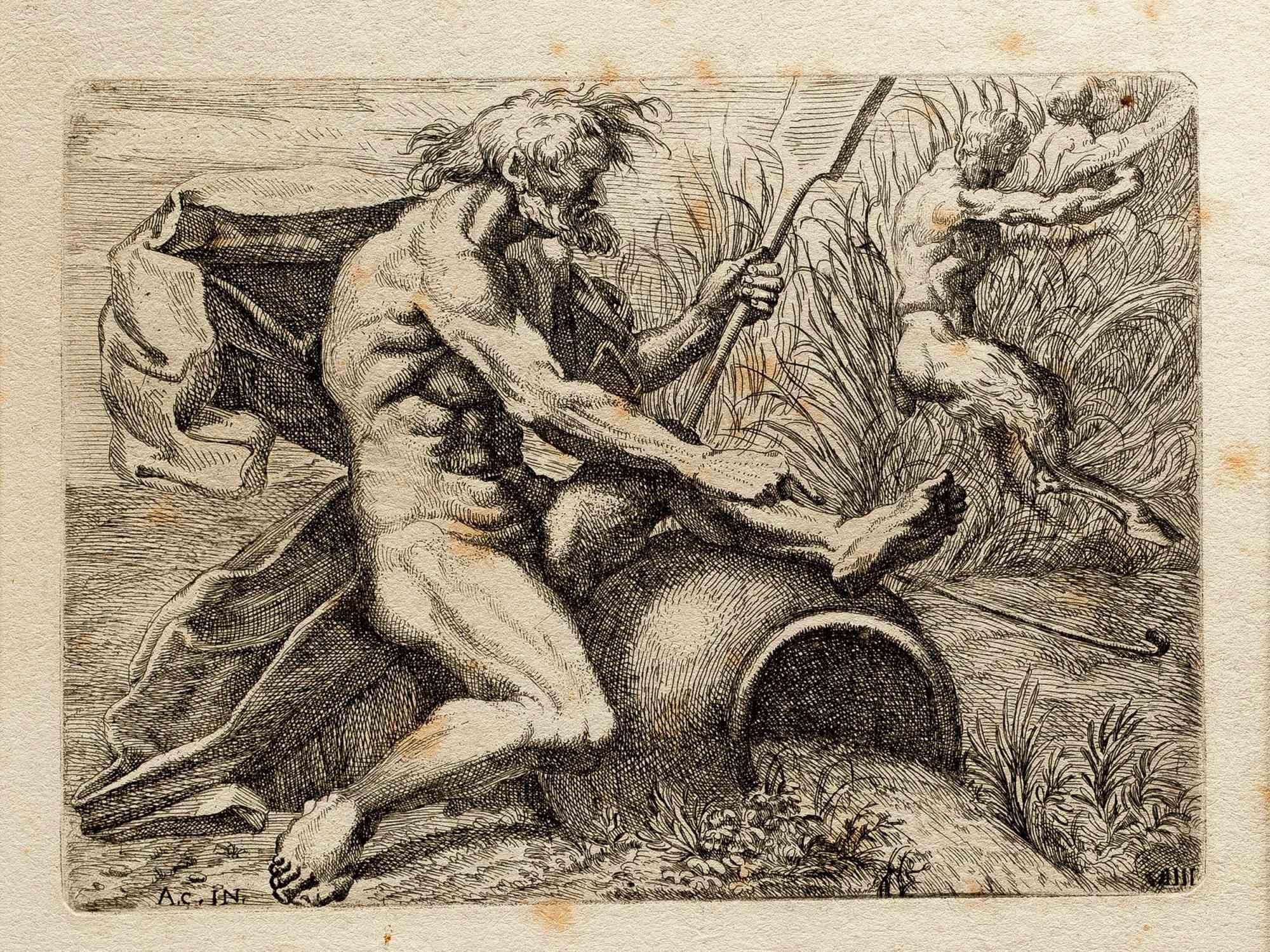 Man and Satyrs is an old master artwork realized in 17th Century by Marcantonio Bellavia.

Black and white etching.

Good conditions (some foxings and stains on paper).

