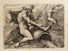 Antique Man and Satyrs - Etching by Marcantonio Bellavia - 17th Century