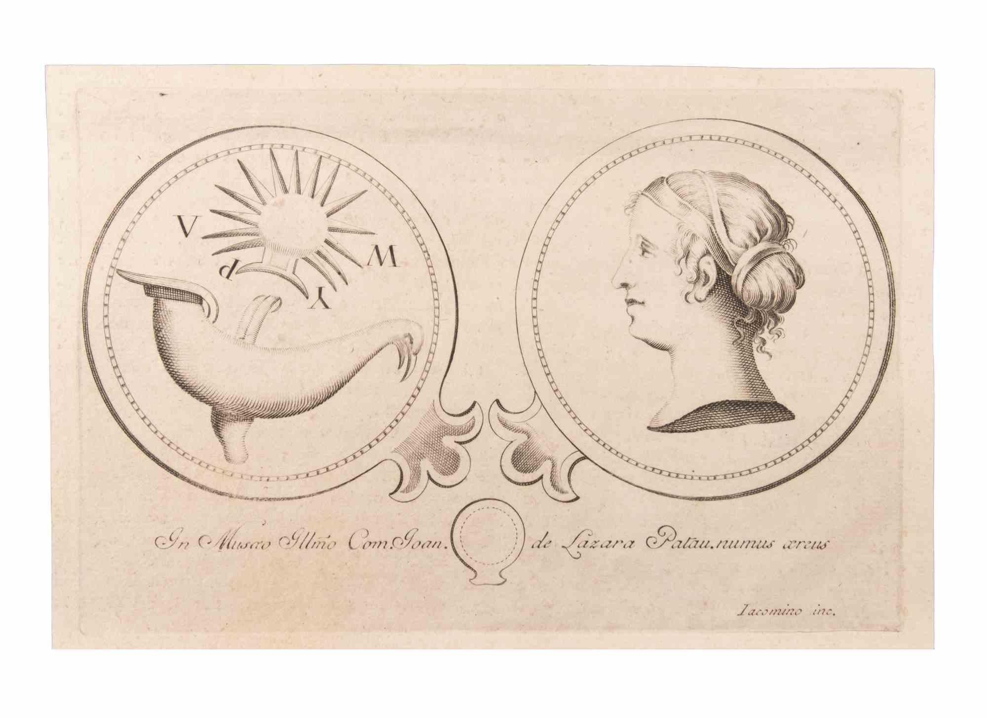 La décoration est une eau-forte réalisée par Marcantonio Iacomino (XVIIIe siècle).

La gravure appartient à la suite d'estampes "Antiquités d'Herculanum exposées" (titre original : "Le Antichità di Ercolano Esposte"), un volume de huit gravures des