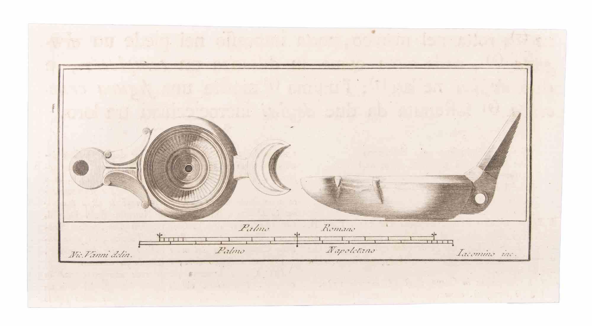 Oil Lamp is an Etching realized by  Marcantonio Iacomino (1730-1806).

The etching belongs to the print suite “Antiquities of Herculaneum Exposed” (original title: “Le Antichità di Ercolano Esposte”), an eight-volume volume of engravings of the