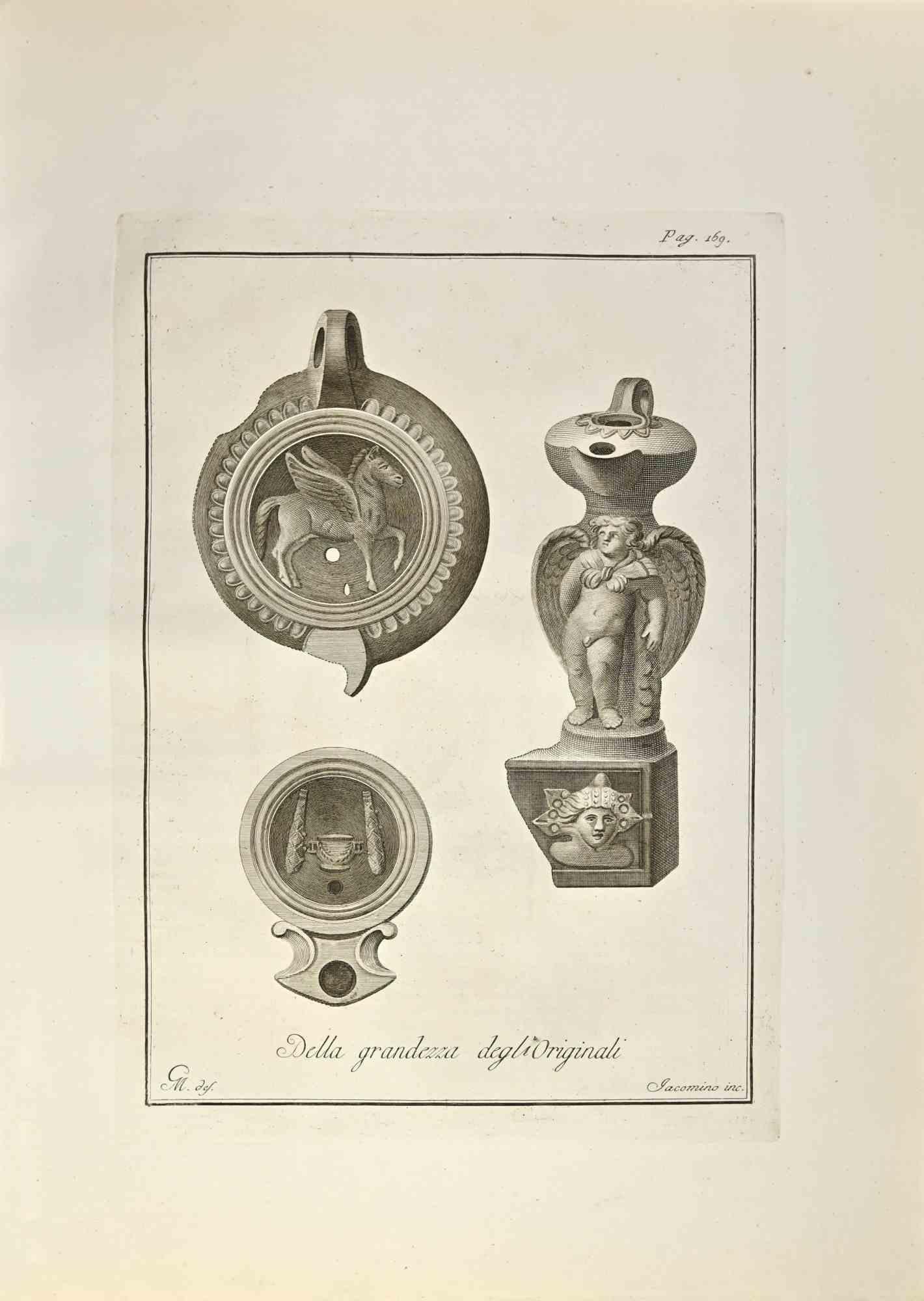 Oil Lamp With Pegasus, Cupid, and Medusa from "Antiquities of Herculaneum" is an etching on paper realized by Marcantonio Iacomino in the 18th Century.

Signed in the plate.

Good conditions.

The etching belongs to the print suite “Antiquities of