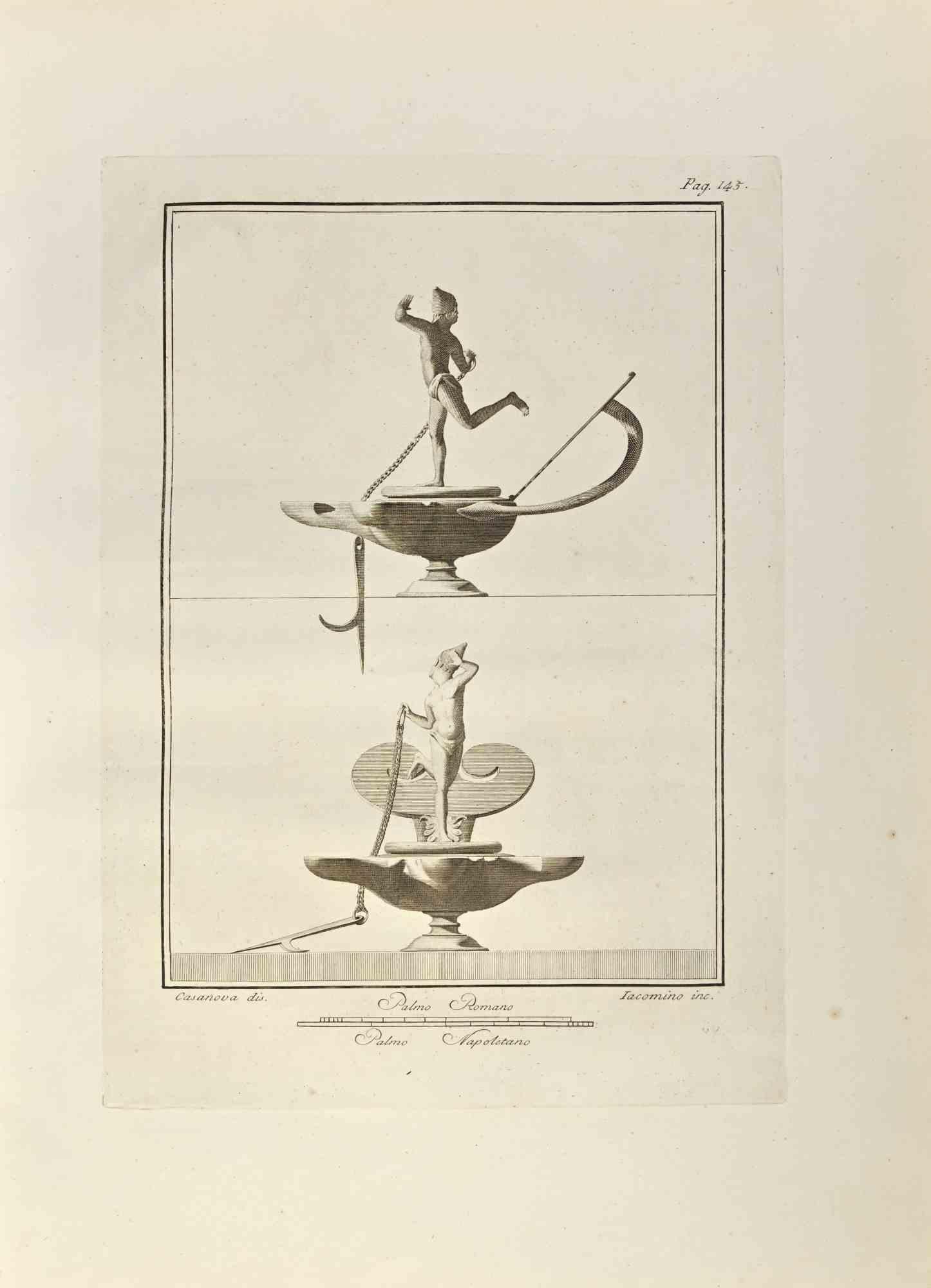 Lampe à huile avec marin des "Antiquités d'Herculanum" est une gravure sur papier réalisée par Marcantonio Iacomino et Giacomo Casanova au 18ème siècle.

Signé sur la plaque.

Bon état avec quelques rousseurs.

La gravure appartient à la suite