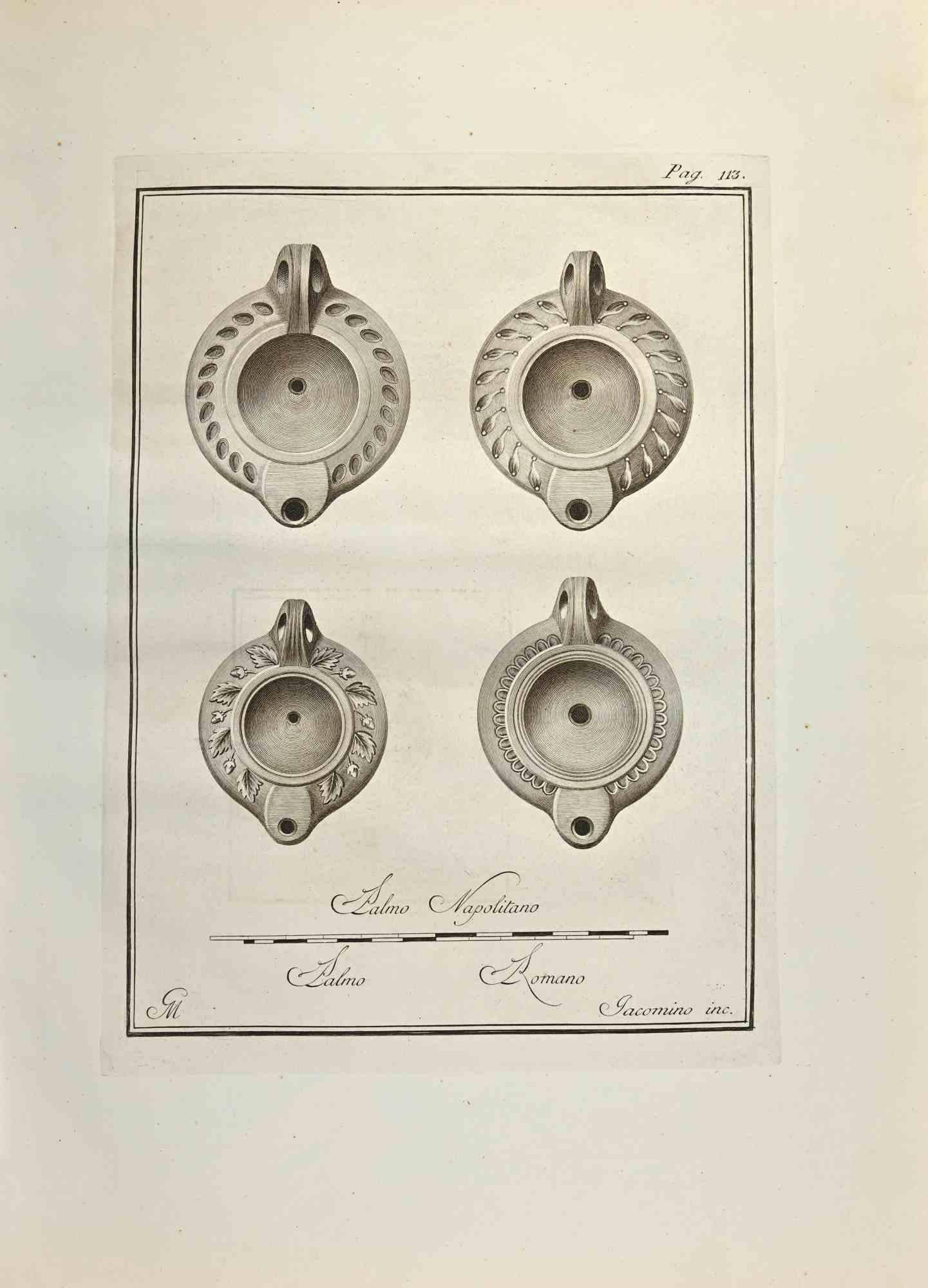Pompeian Style Oil Lamps from "Antiquities of Herculaneum" is an etching on paper realized by Marcantonio Iacomino in the 18th Century.

Signed on the plate.

Good conditions with aged margins.

The etching belongs to the print suite “Antiquities of