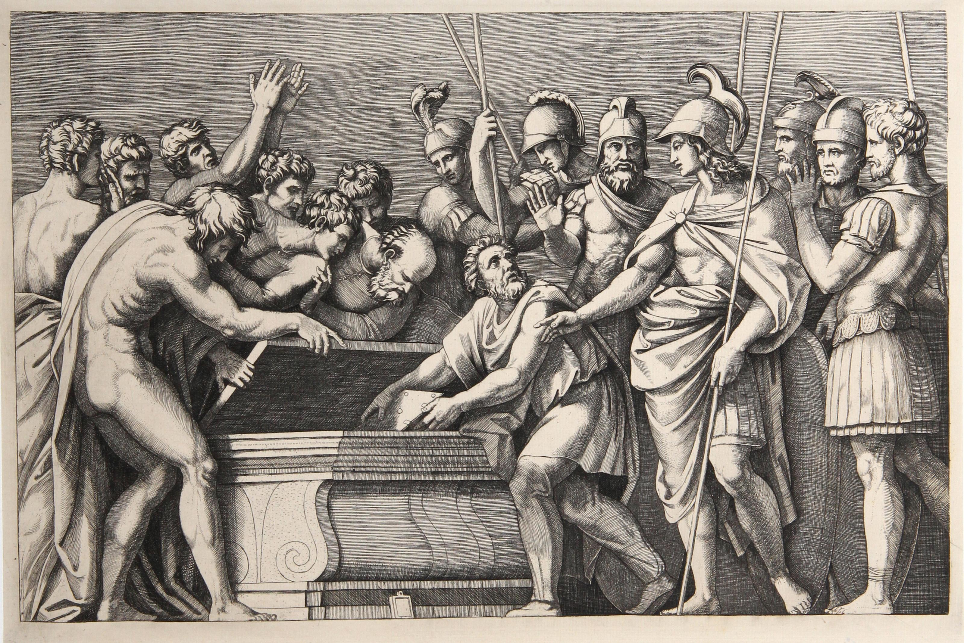 Alexandre faisant serrer les livres d'Homere, Heliogravure - Print by Marcantonio Raimondi
