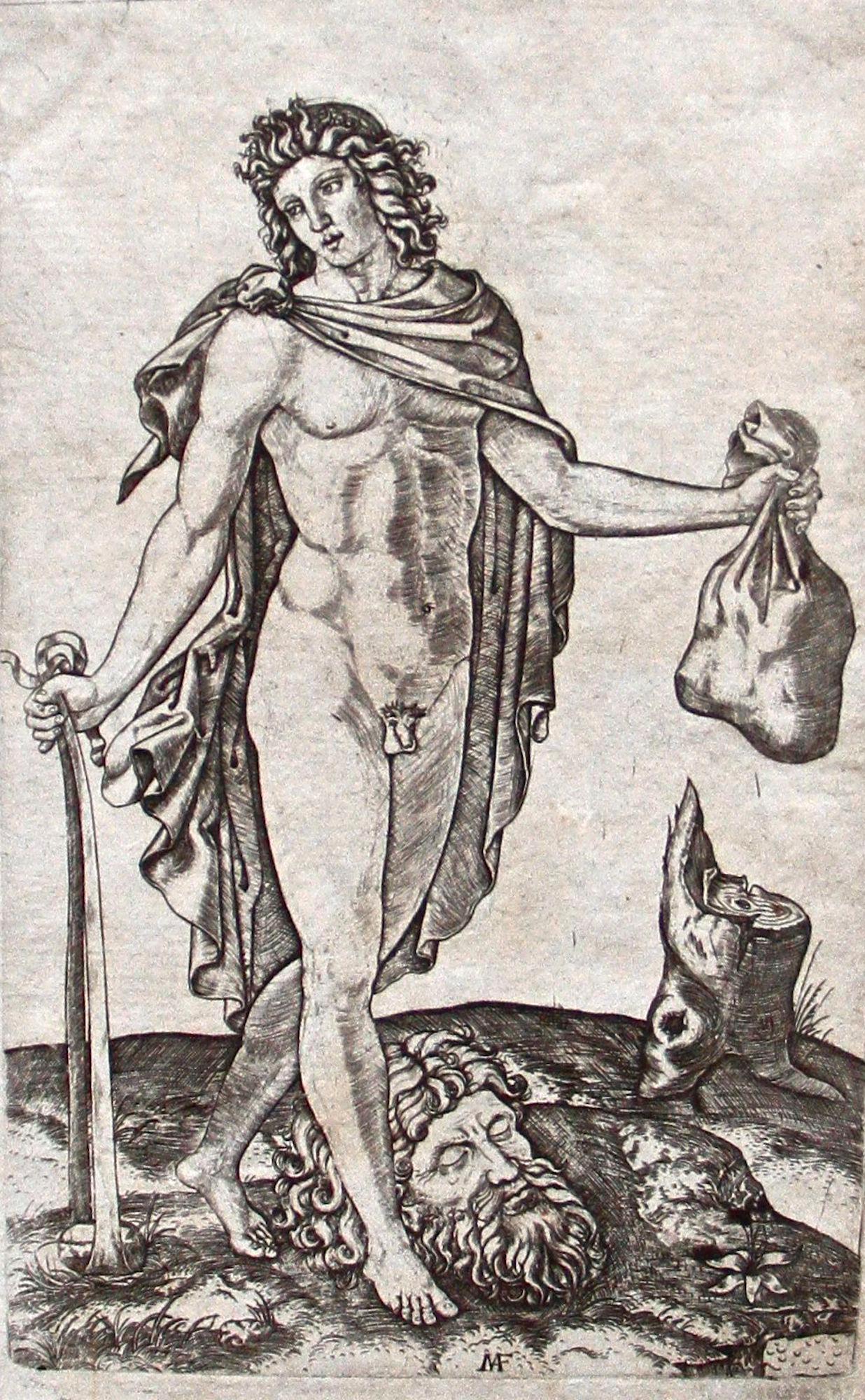 Marcantonio Raimondi Figurative Print - Davide Vincitore di Golia - Original Etching 1530 by M. Raimondi 1530 ca.