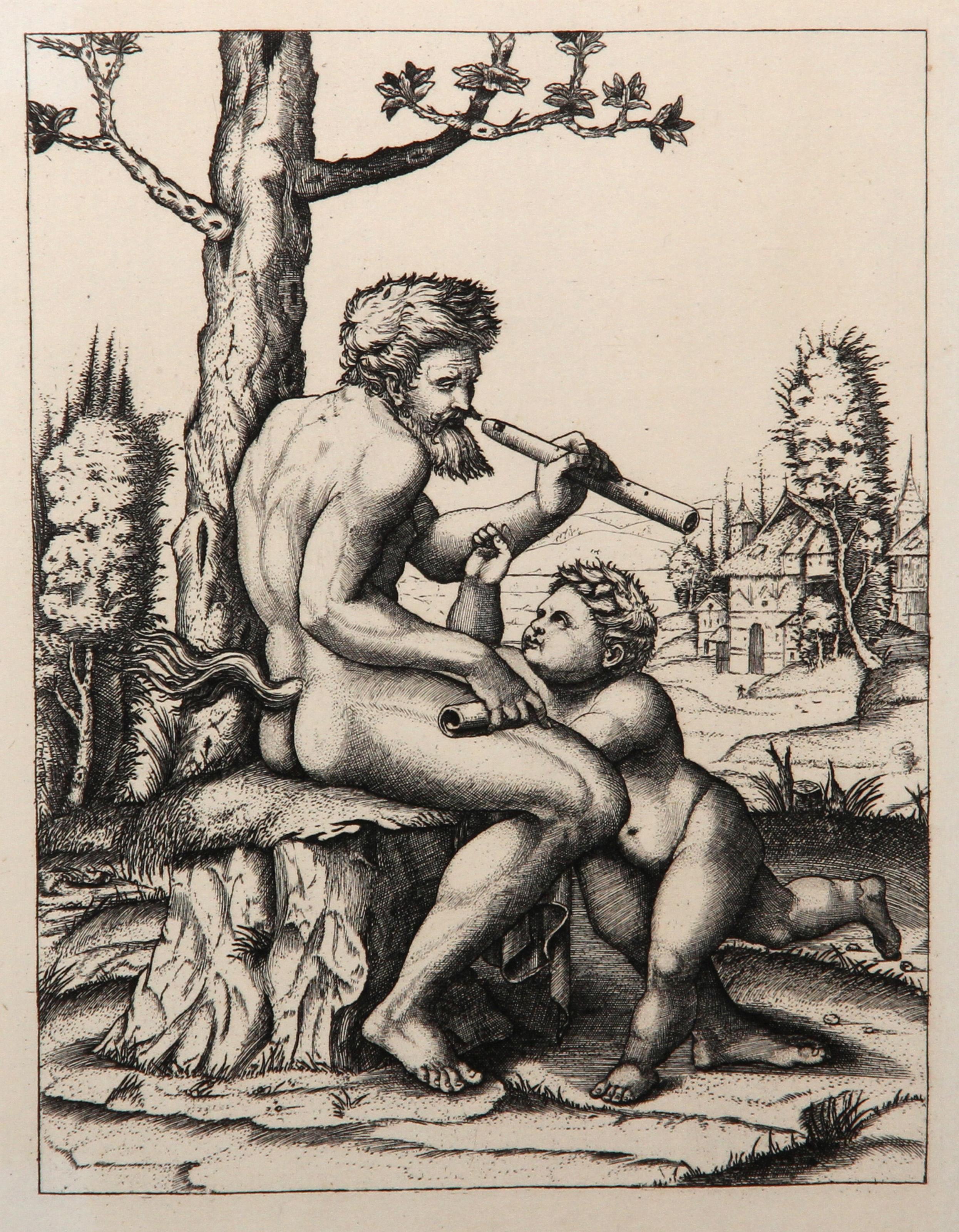  Marcantonio Raimondi, D'après Amand Durand, Italien (1480 - 1534) - Faune accompagnée d'un enfant, Année : 1875, Médium : Héliogravure, Taille : 7.75  x 5.75 in. (19.69  x 14,61 cm), Imprimeur : Amand Durand, Description : Le graveur et peintre