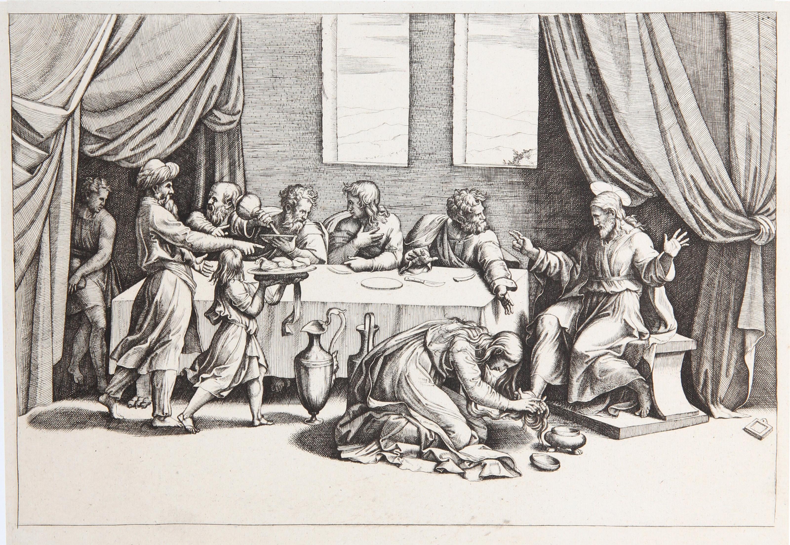 Jesus Christ a table chez Simon le pharisien, Heliogravure - Print by Marcantonio Raimondi