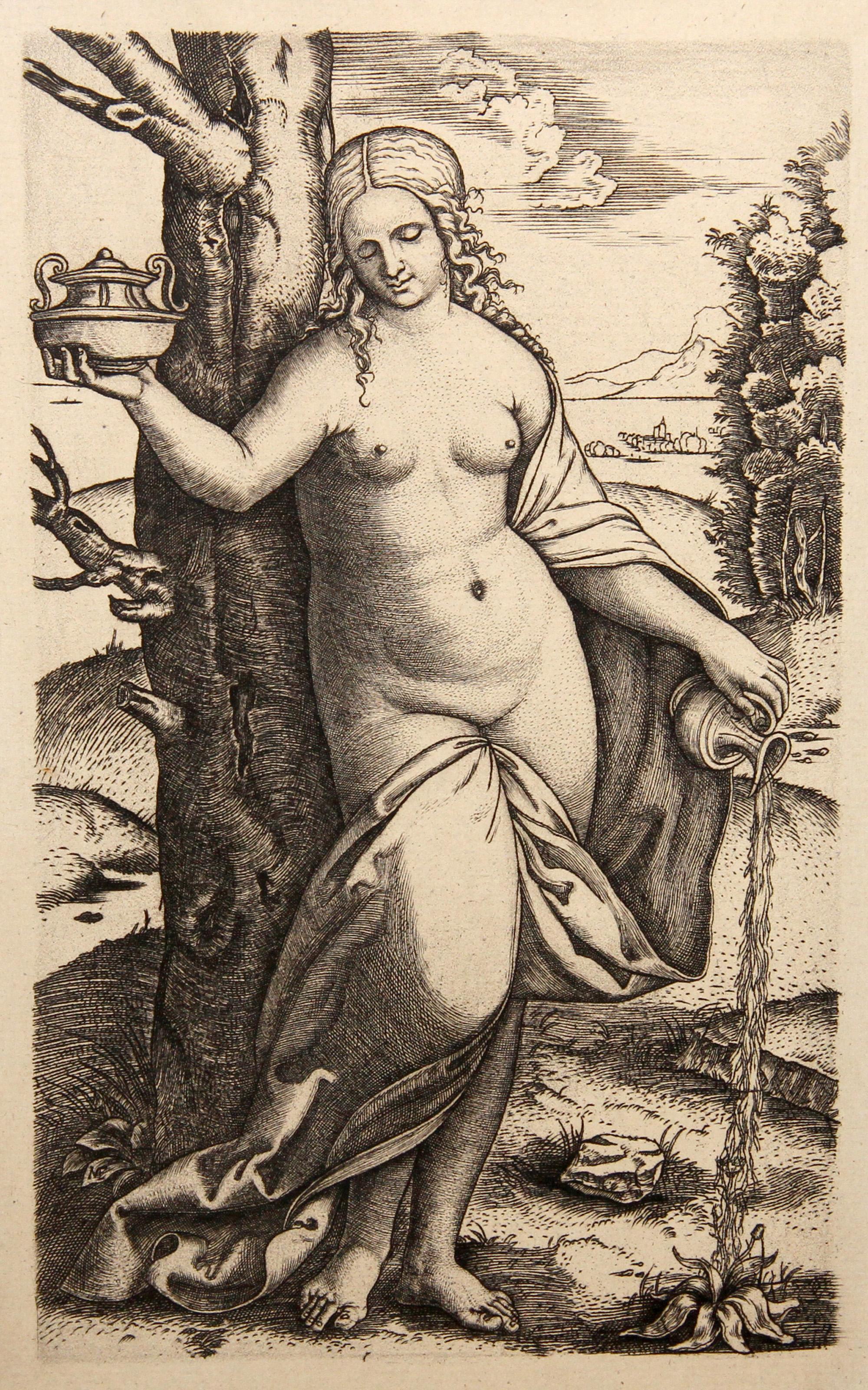  Marcantonio Raimondi, After by Amand Durand, Italian (1480 - 1534) - Jeune femme arrosant une plante, Year: 1875, Medium: Heliogravure on Laid Paper, Size: 8.25  x 5 in. (20.96  x 12.7 cm), Printer: Amand Durand, Description: French Engraver and