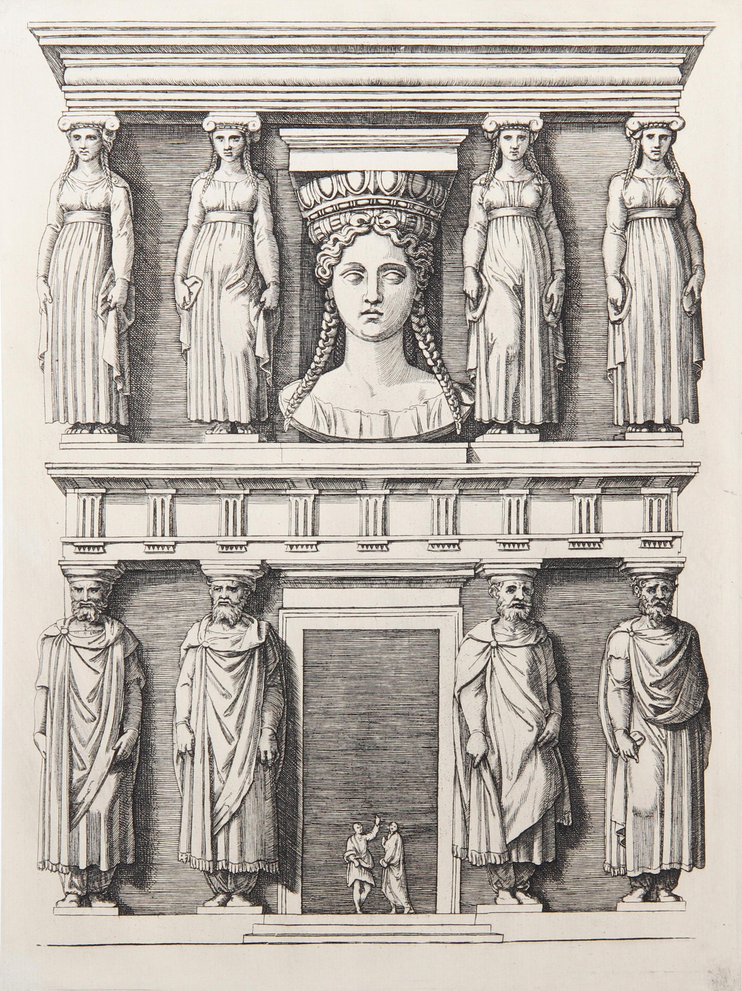  Marcantonio Raimondi, Dopo Amand Durand, Italiano (1480 - 1534) - La Facade aux Cariatide, Anno: 1875, Medium: Heliogravure on Laid Paper, Dimensioni: 13  x 9,5 pollici (33,02  x 24,13 cm), Stampatore: Amand Durand, Descrizione: L'incisore e